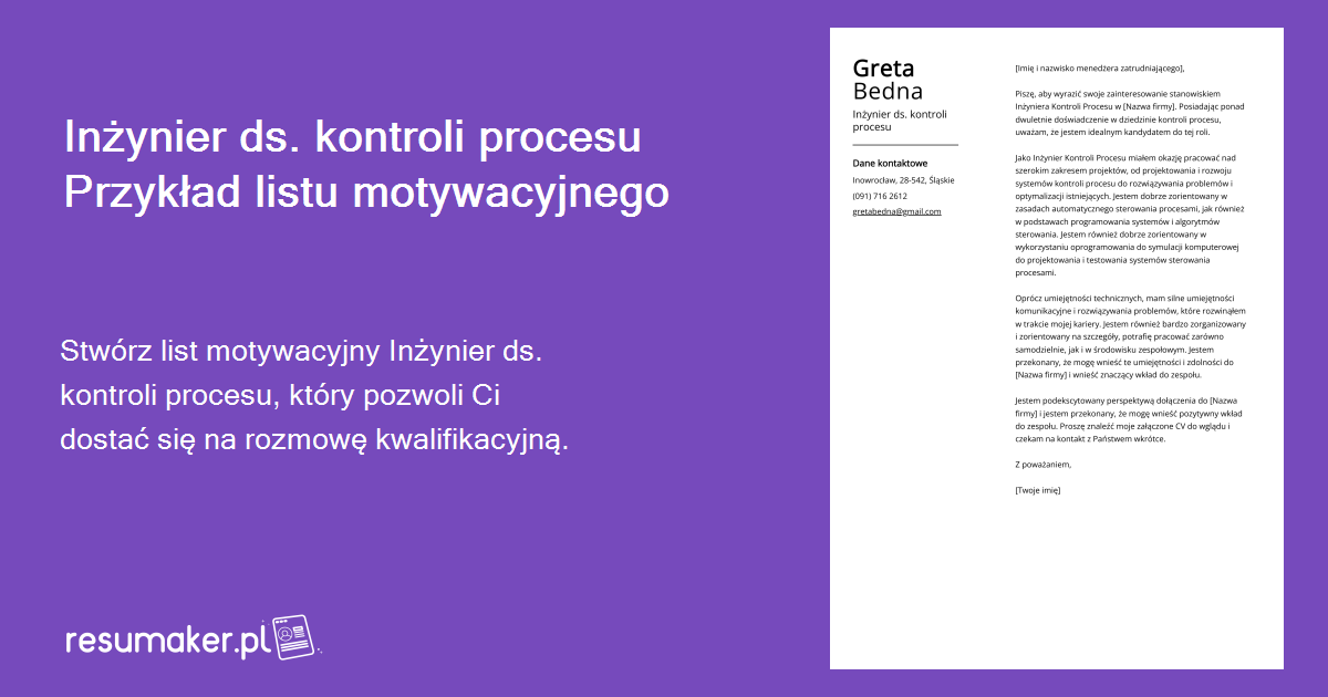 Przykłady listów motywacyjnych Inżynier ds kontroli procesu szablon i