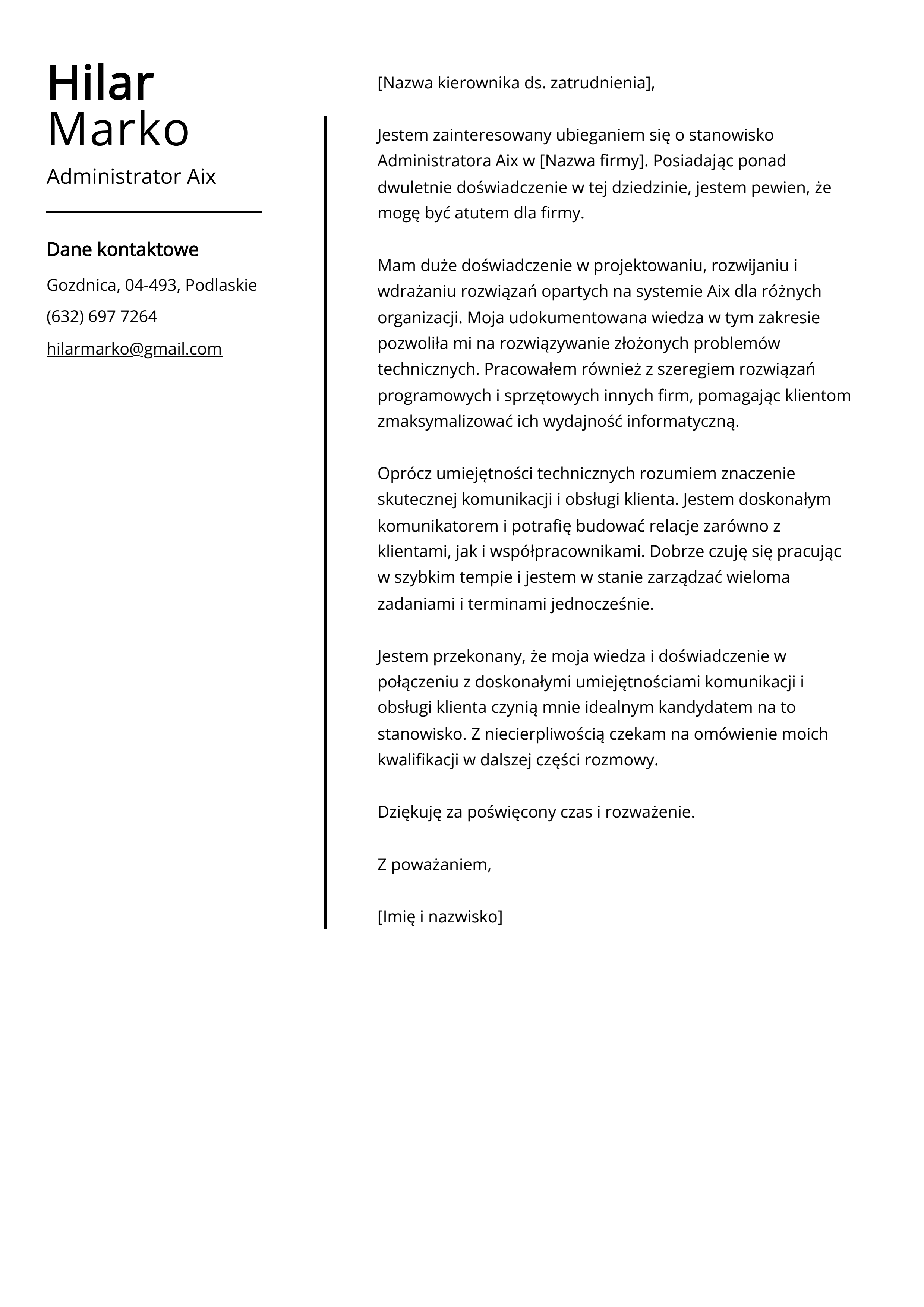 Przykład listu motywacyjnego administratora Aix