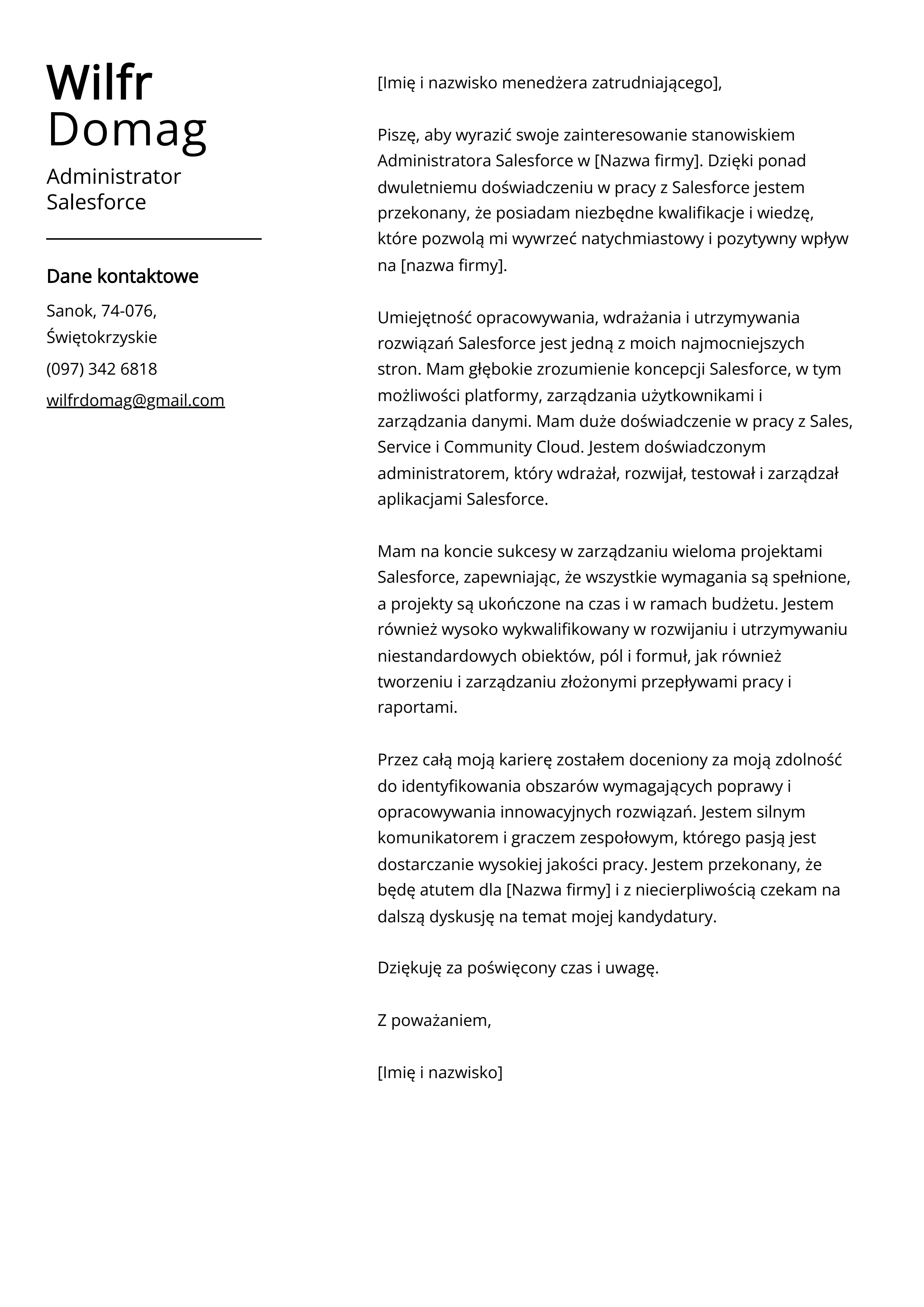 Przykład listu motywacyjnego administratora Salesforce