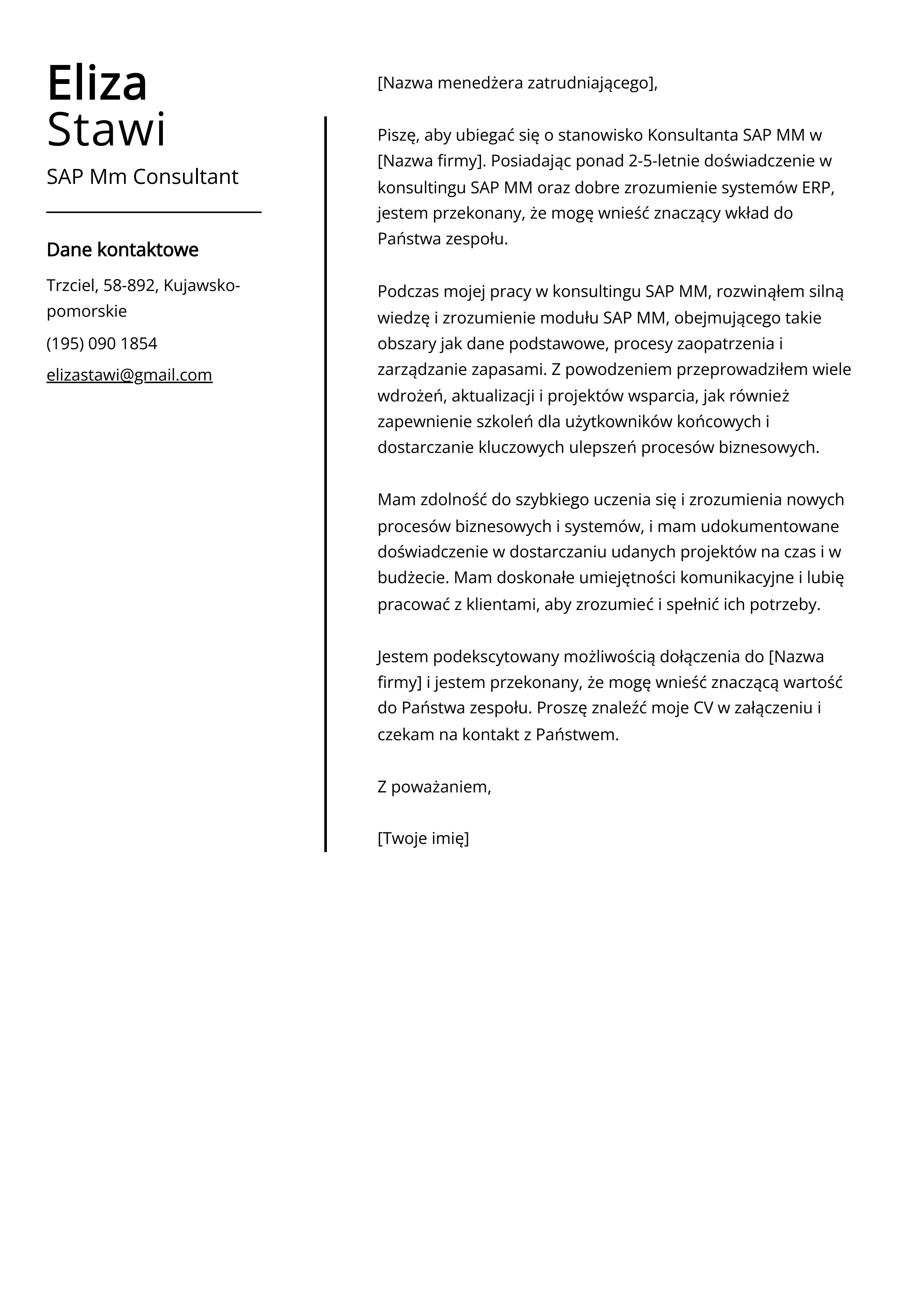 Przykład listu motywacyjnego SAP Mm Consultant