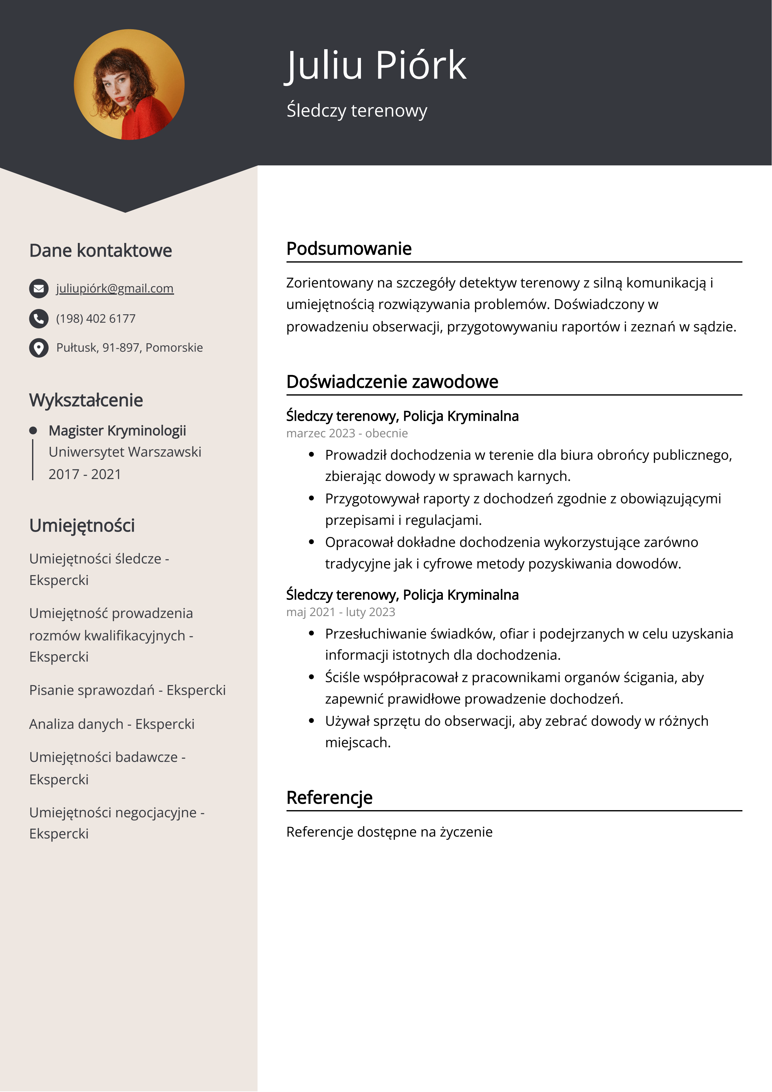 Śledczy terenowy Przykład CV