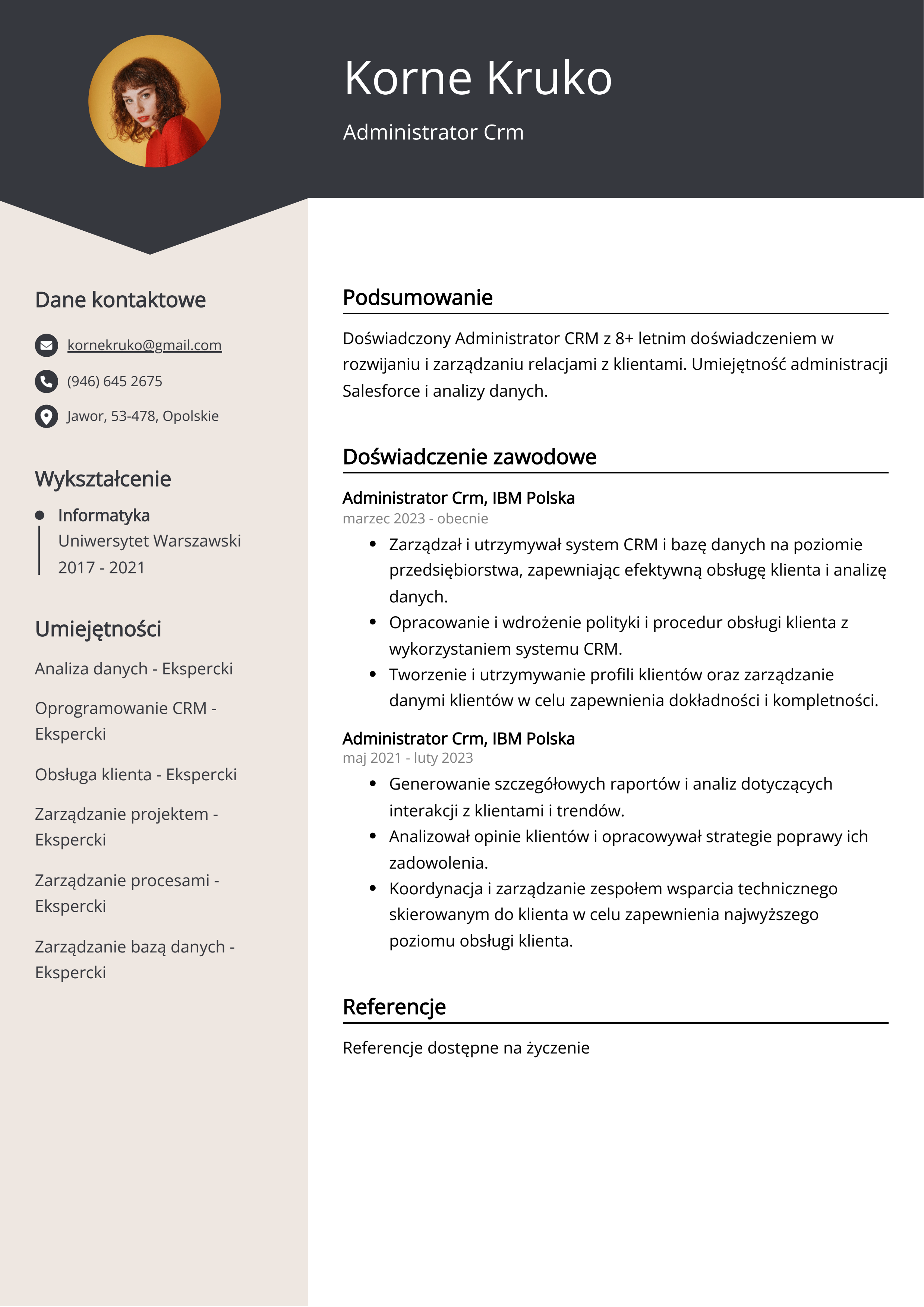 Przykład CV administratora Crm