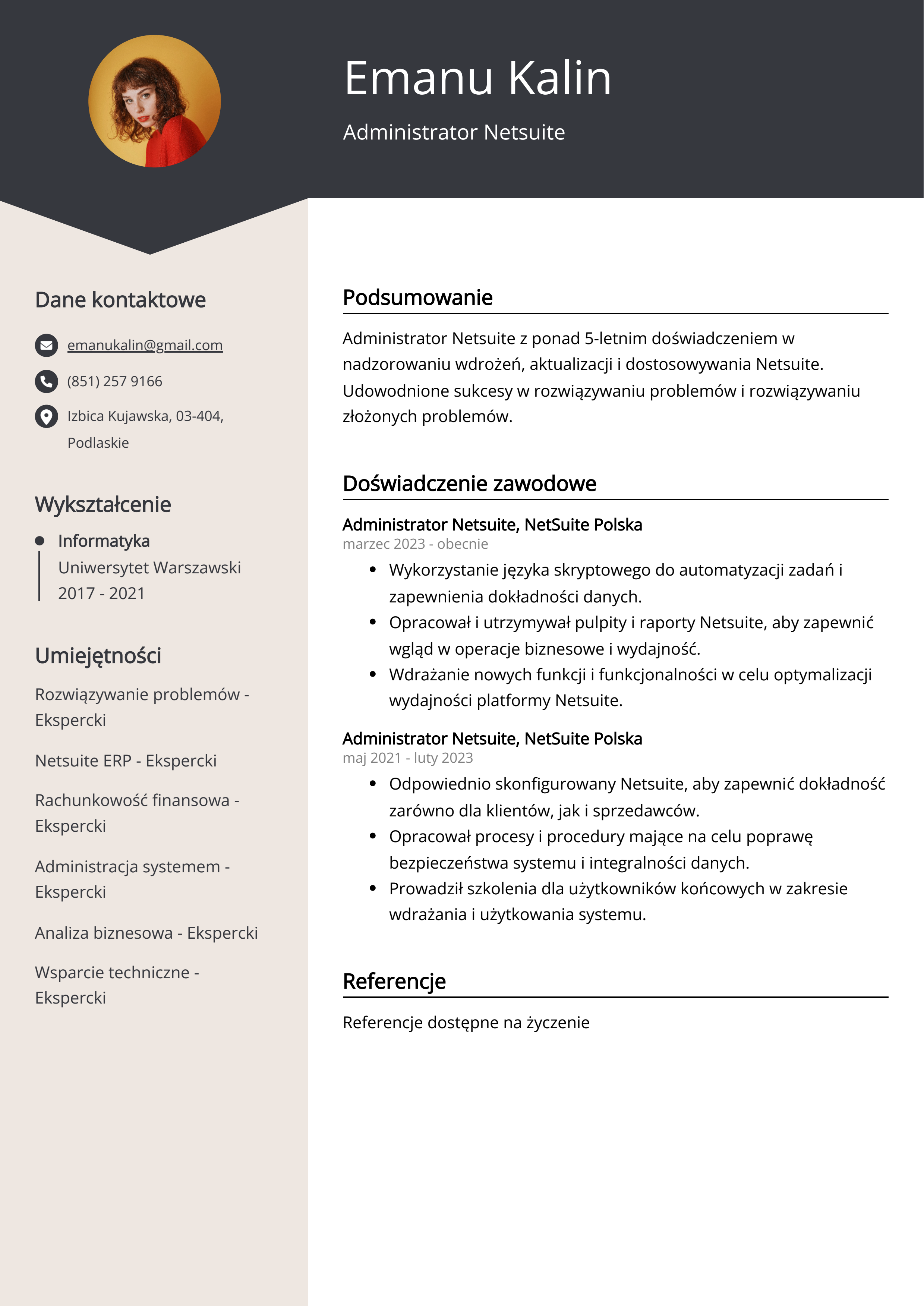 Przykład CV administratora Netsuite