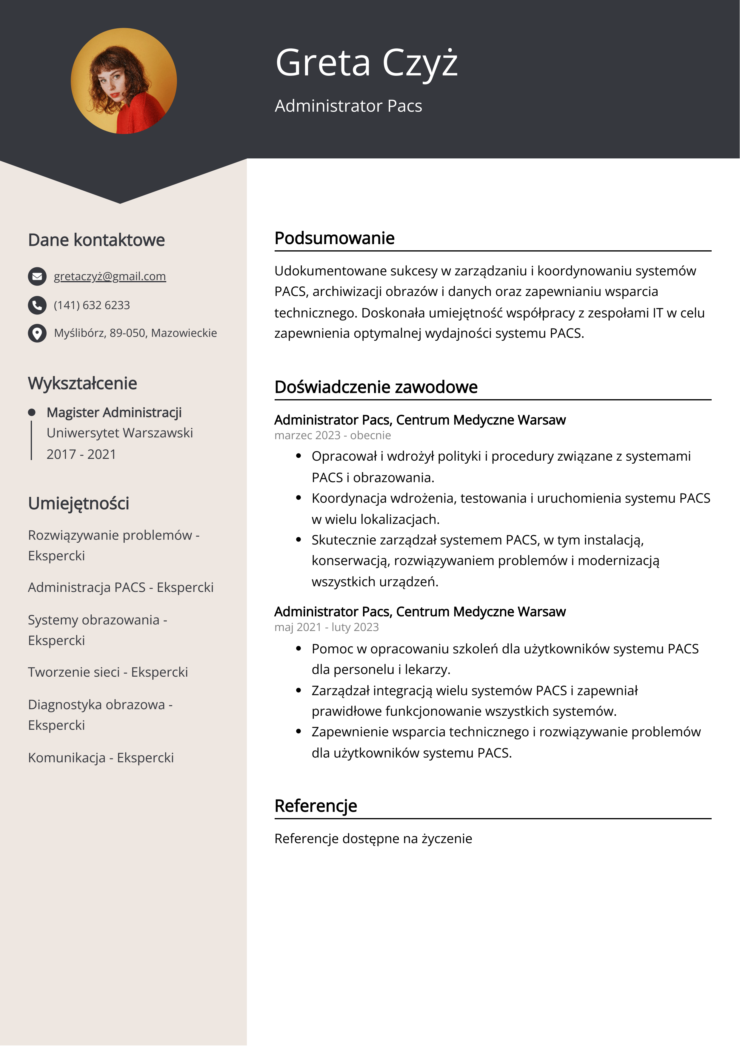 Przykład CV administratora pakietów