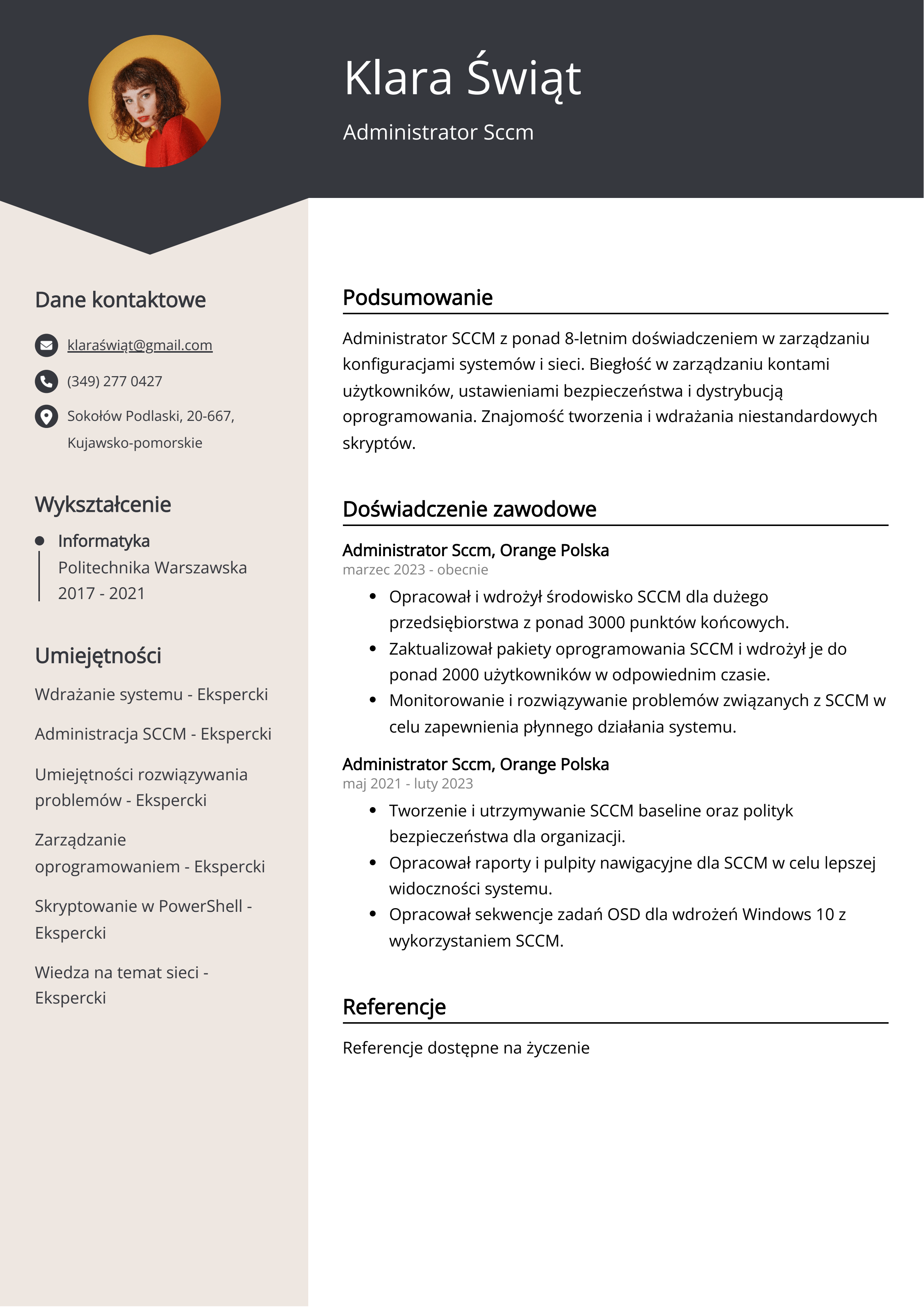 Przykład CV administratora Sccm