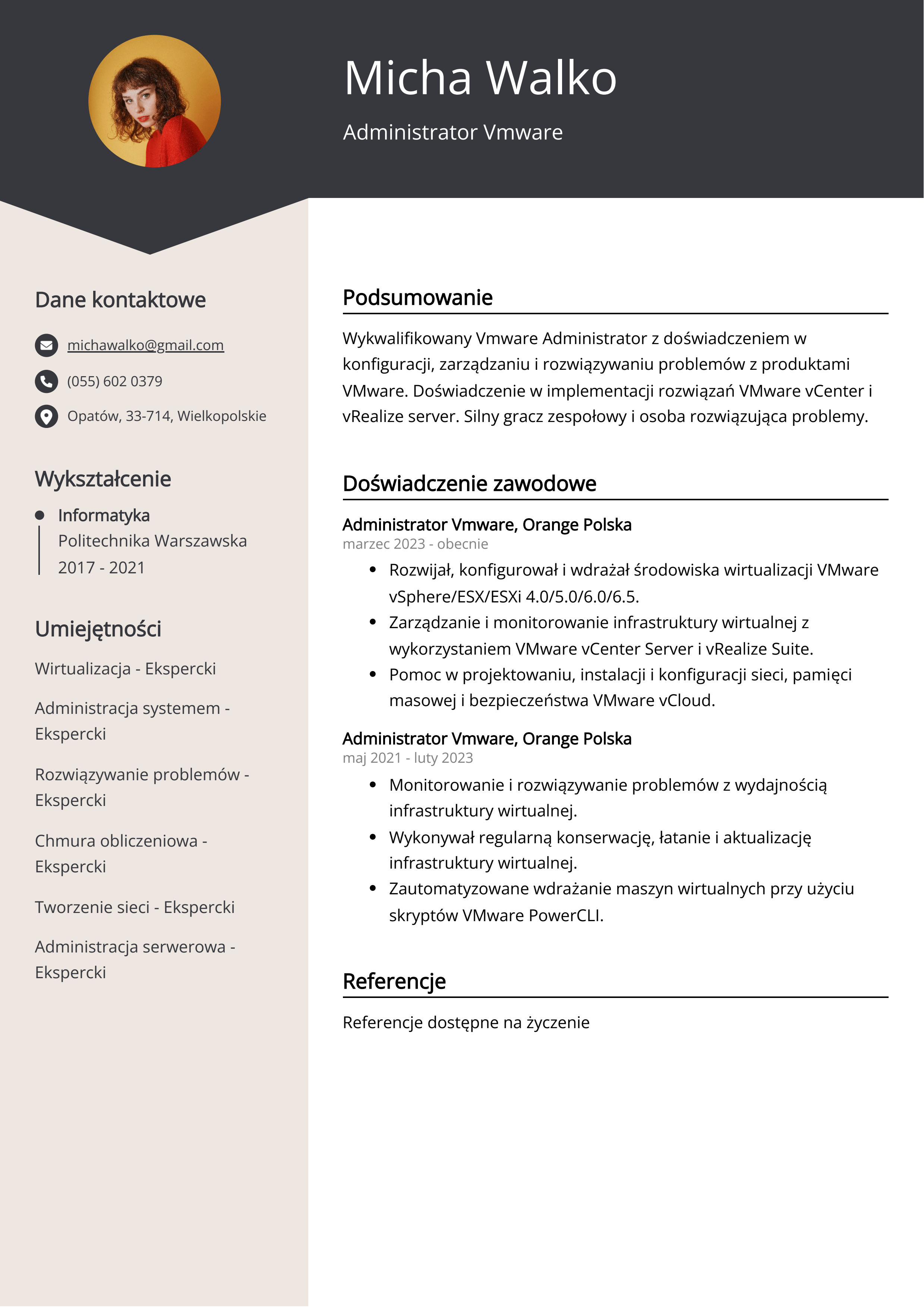 Przykład CV administratora Vmware