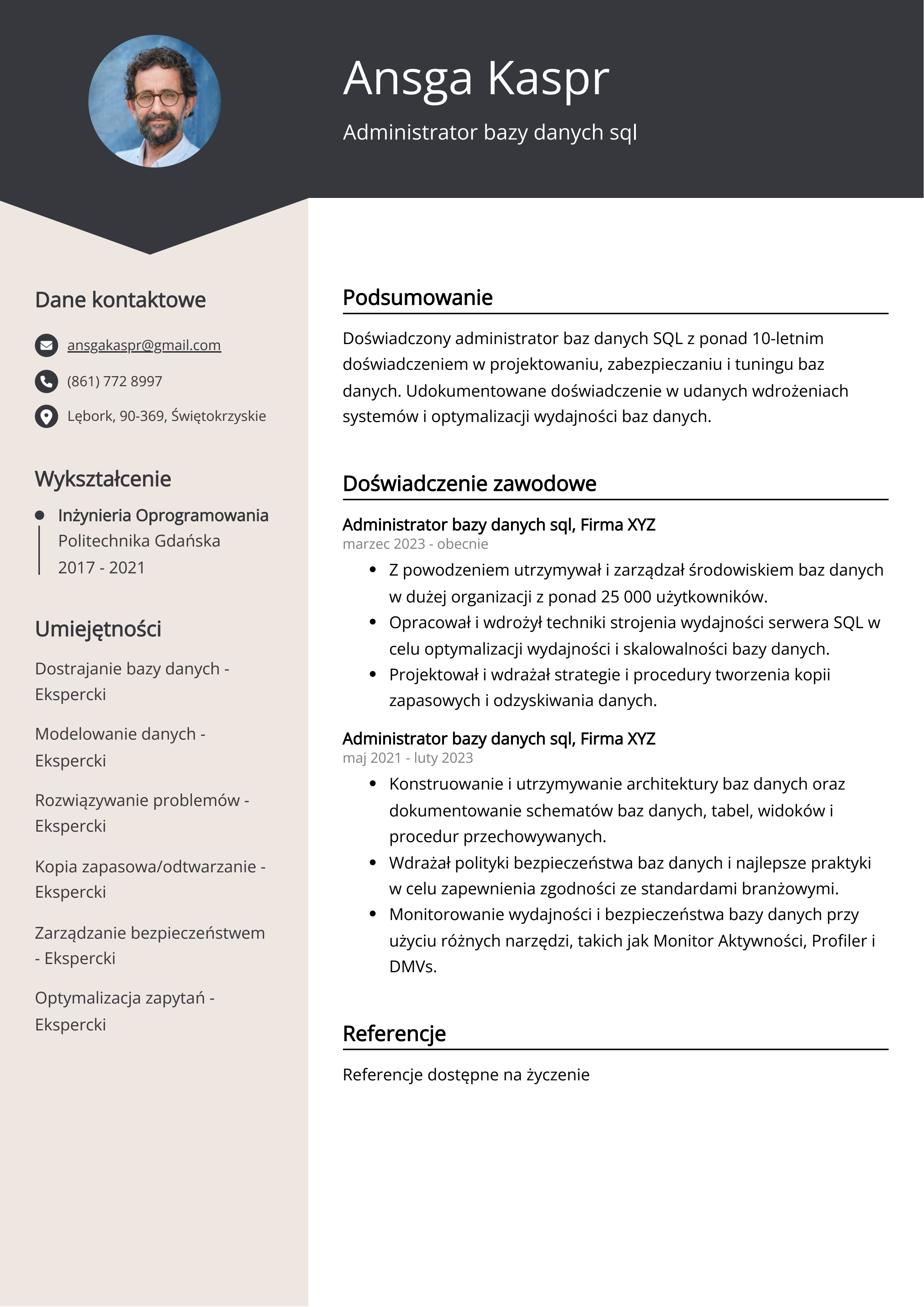 Przykład CV administratora bazy danych sql