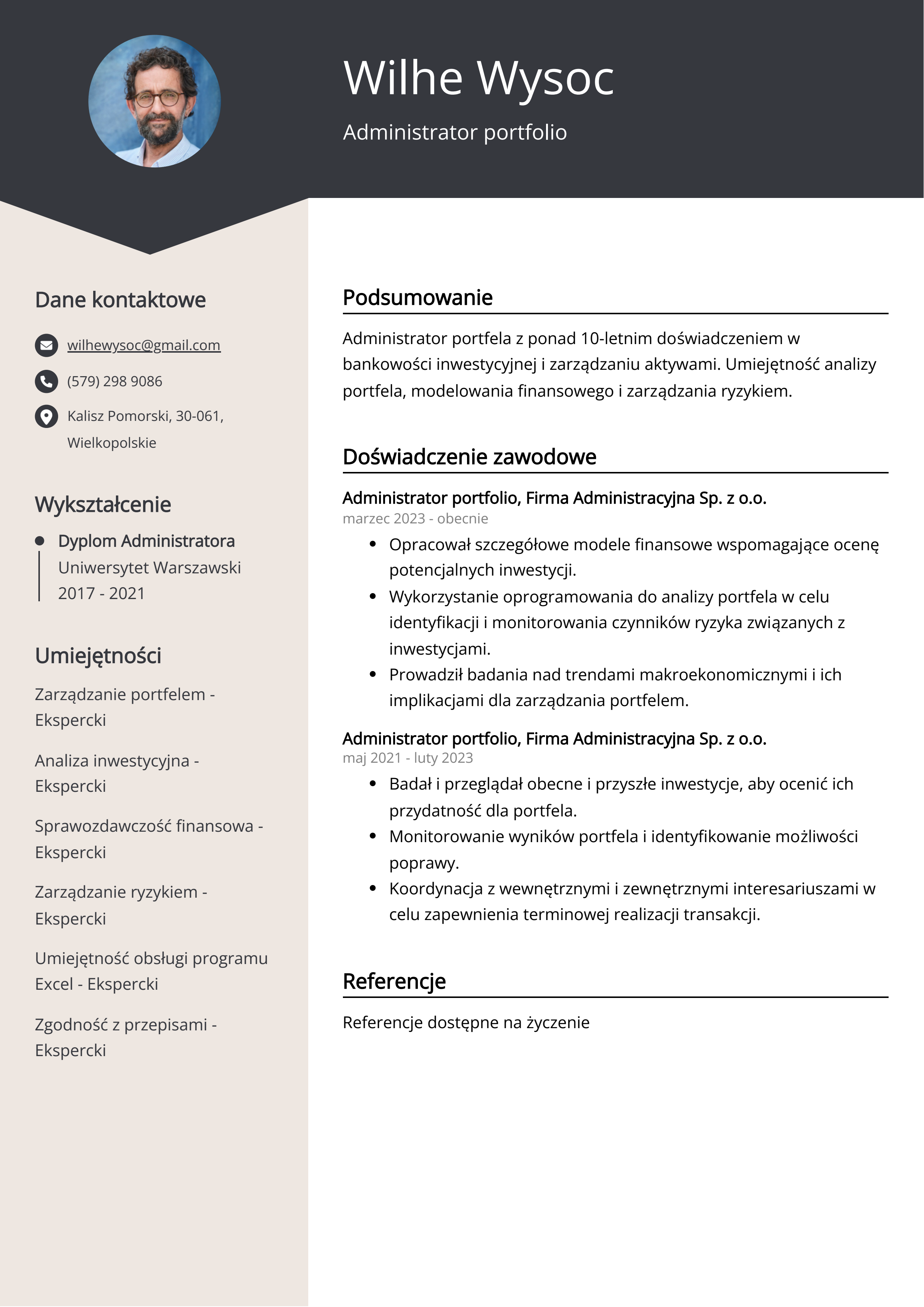 Przykład wznowienia portfolio administratora