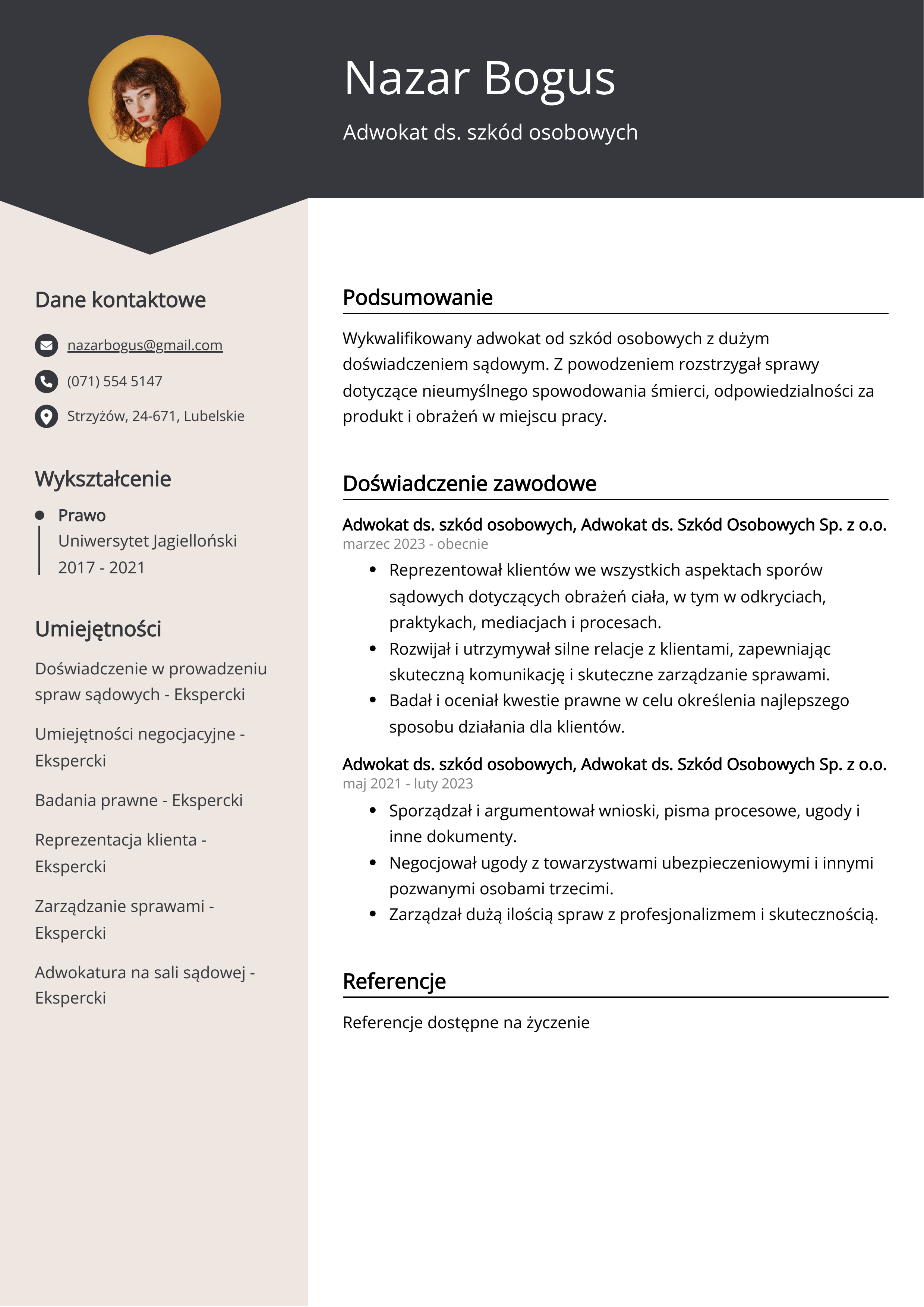 Adwokat ds. szkód osobowych Przykład CV