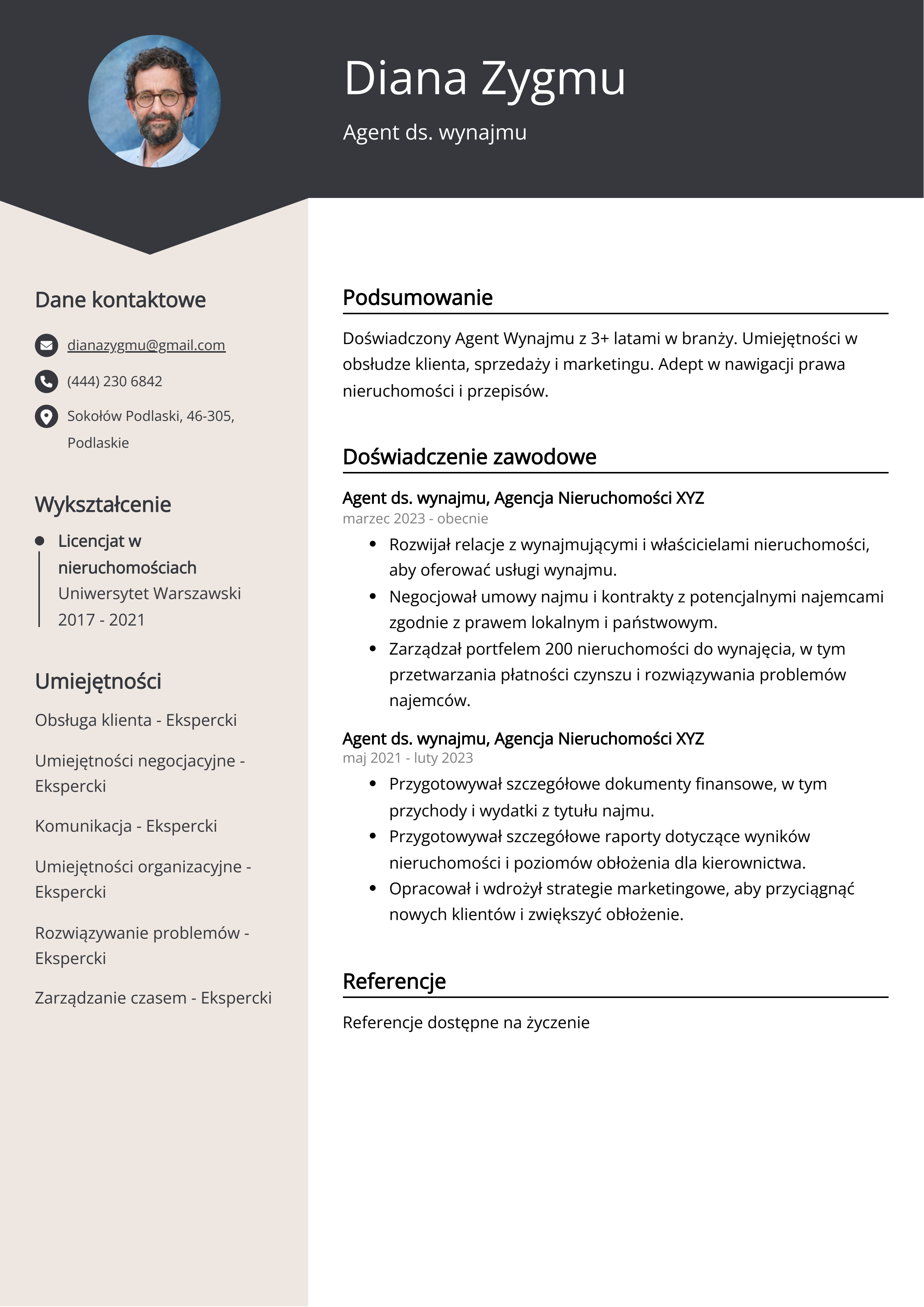 Agent ds. wynajmu Przykład CV