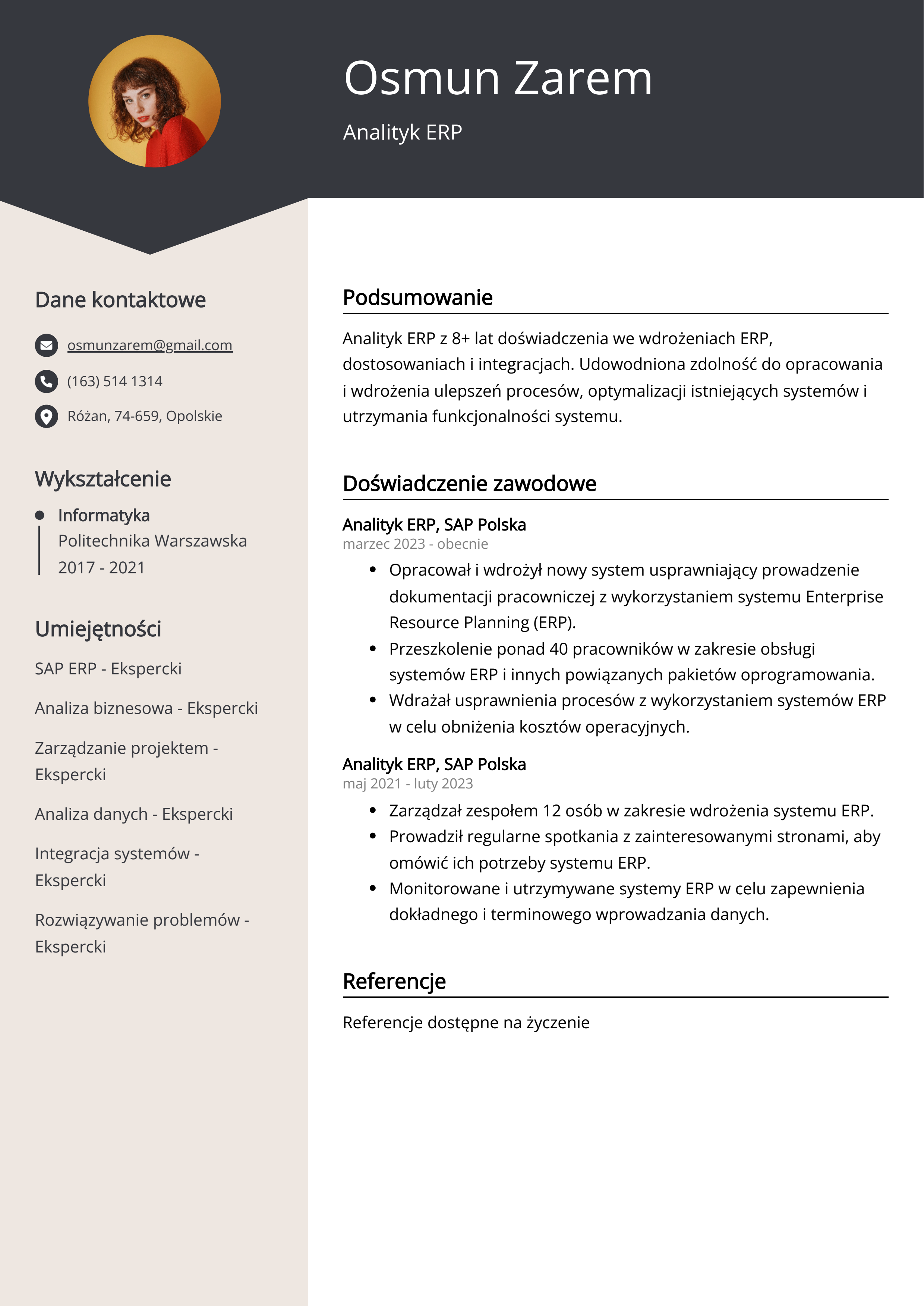 Przykład CV Analityk ERP