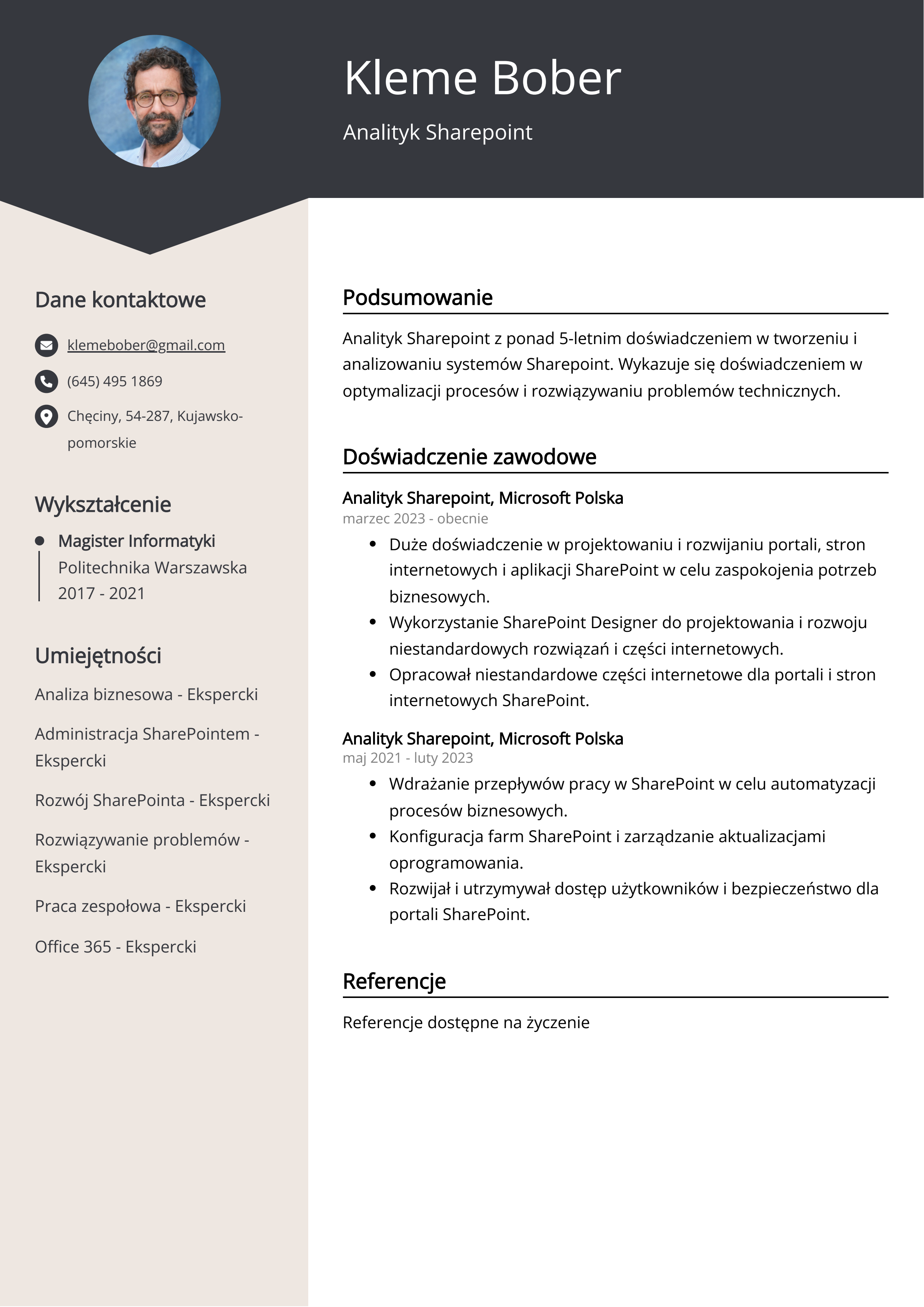 Przykład CV Analityk Sharepoint