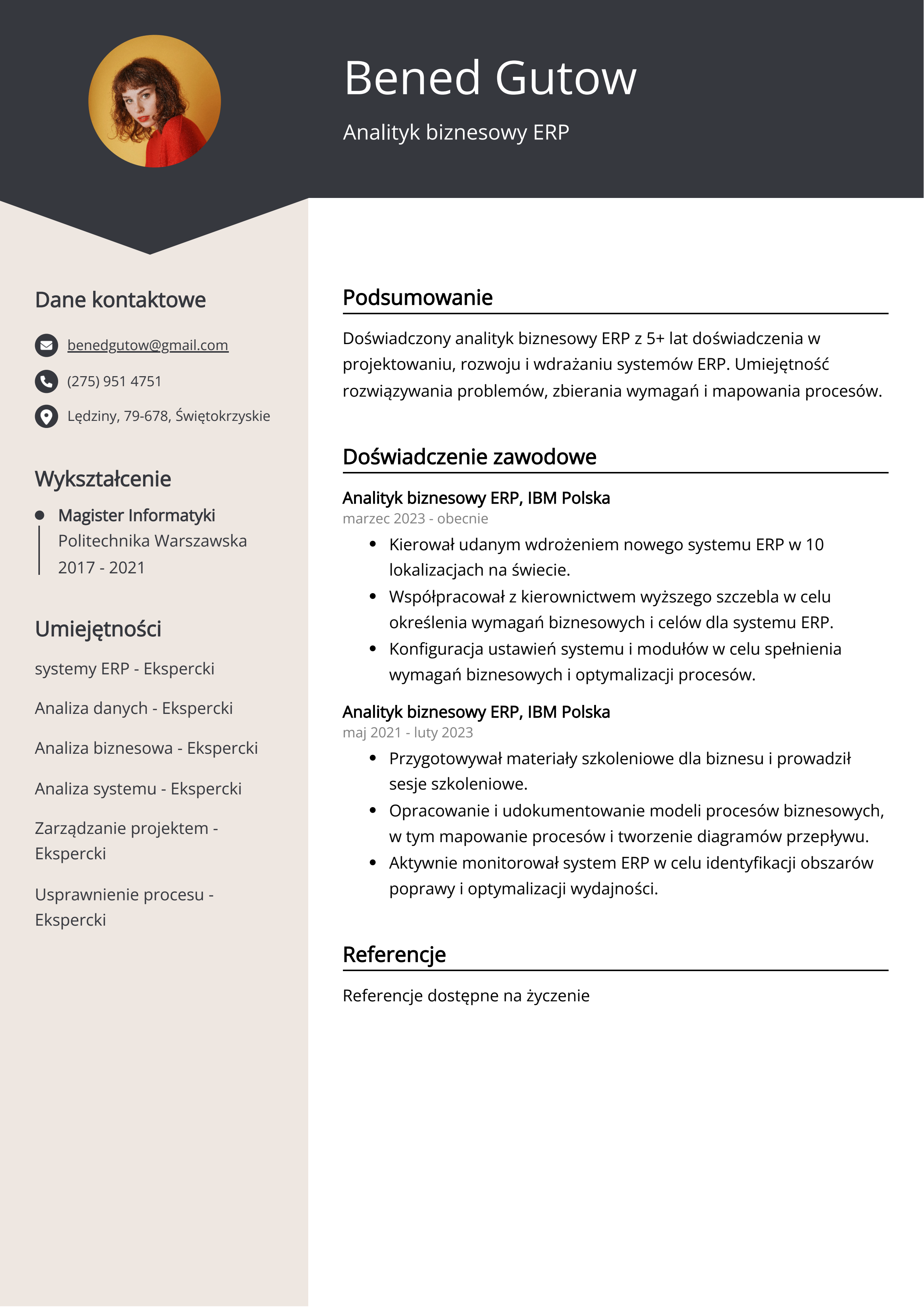Analityk biznesowy ERP Przykład CV