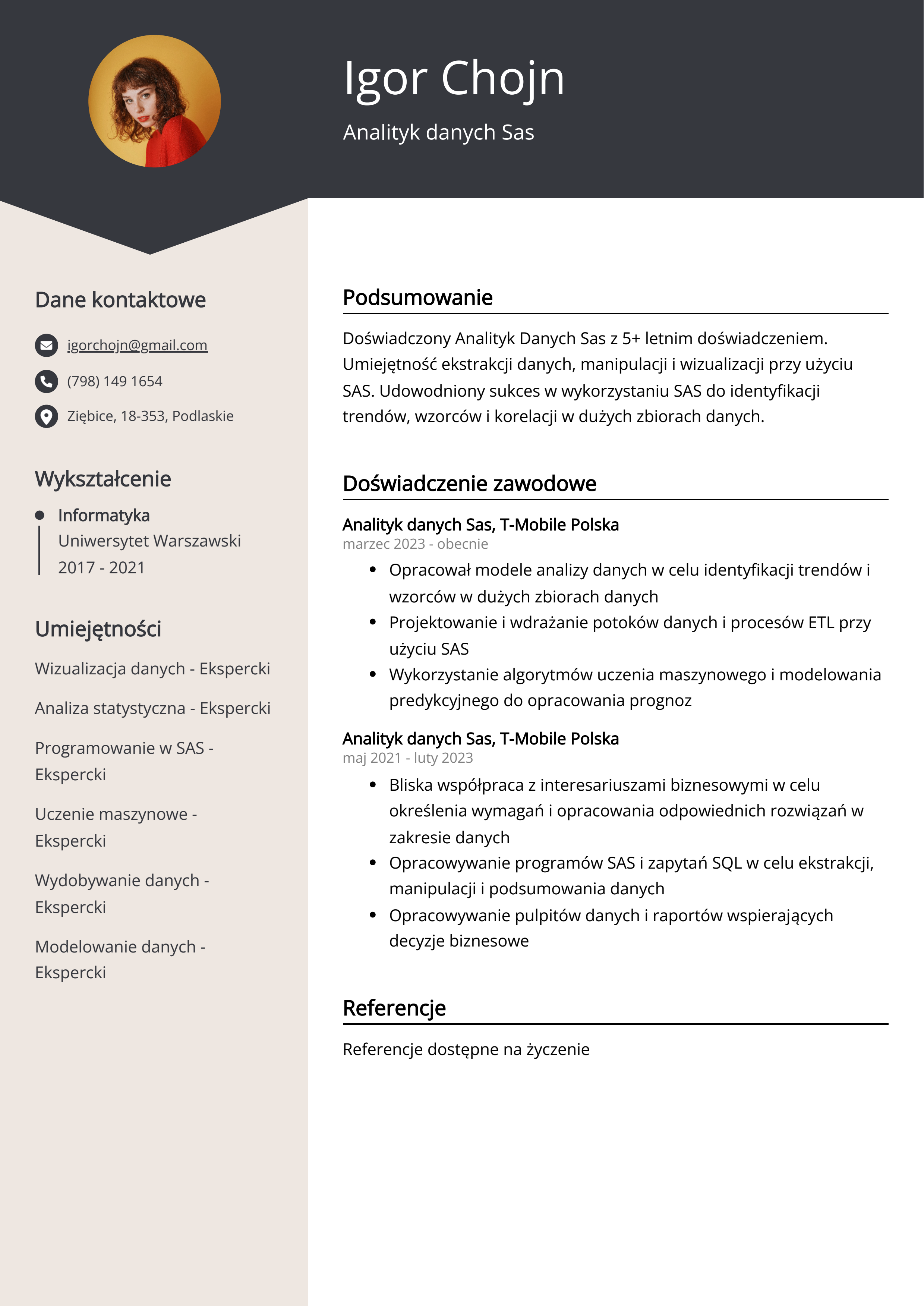 Analityk danych Sas Resume Przykład