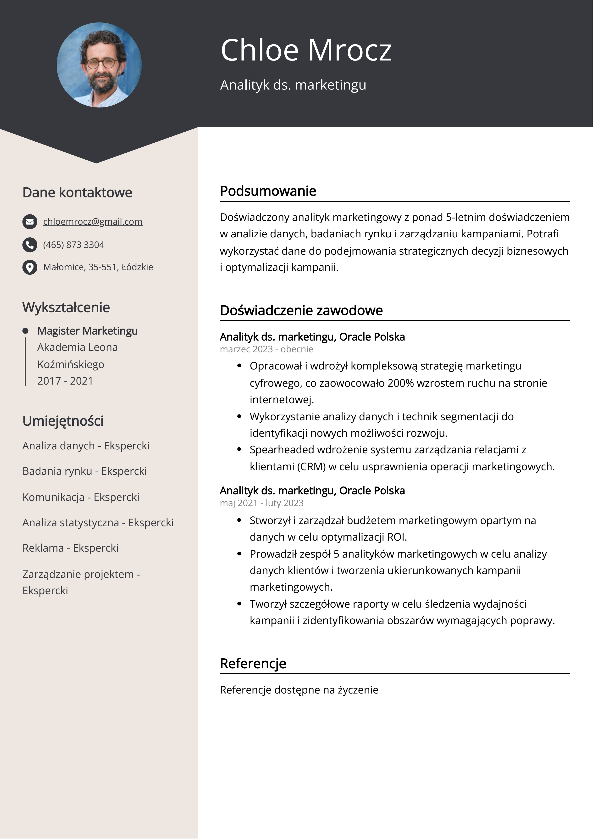 Analityk ds. marketingu Przykład CV