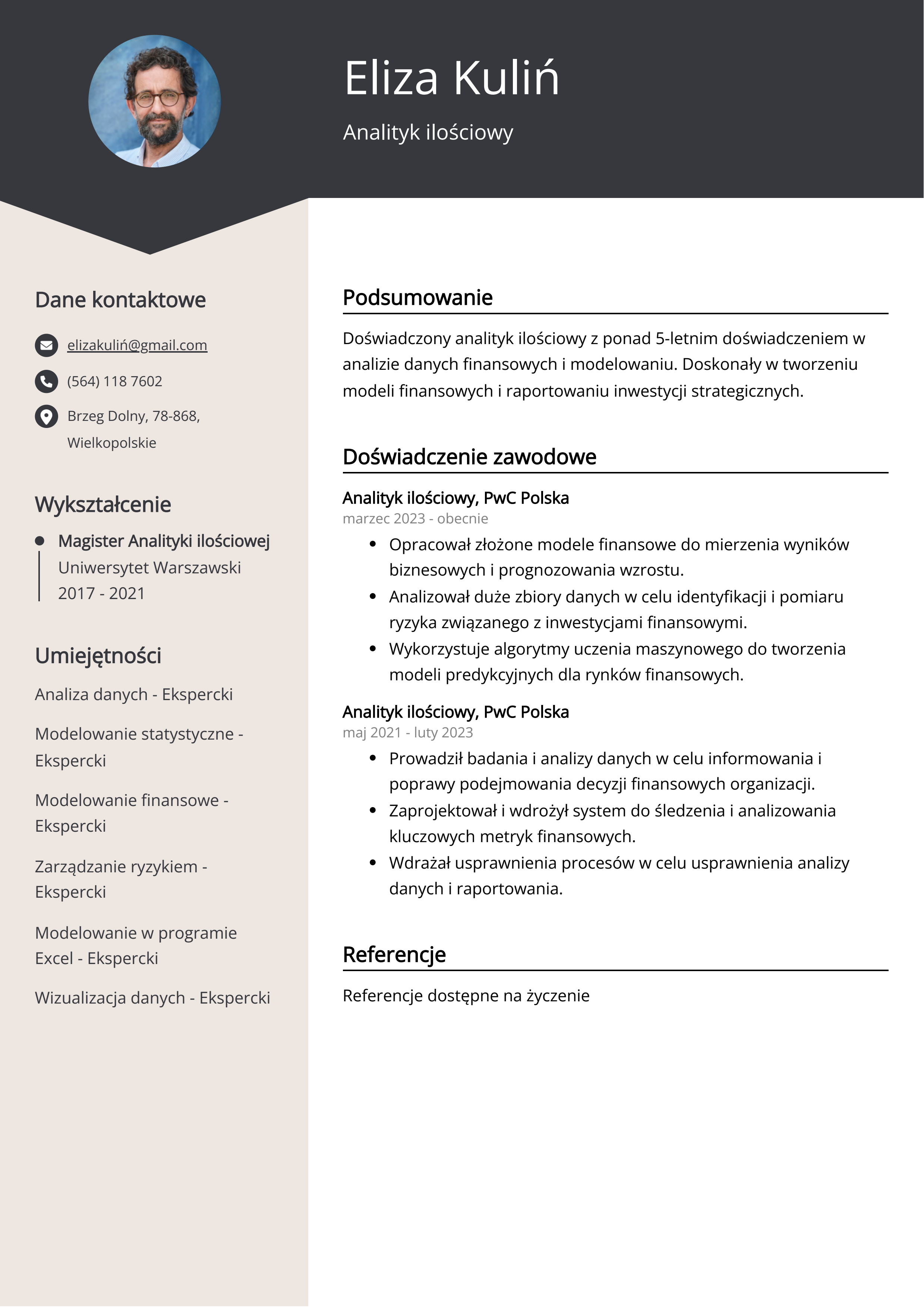 Analityk ilościowy - przykład CV