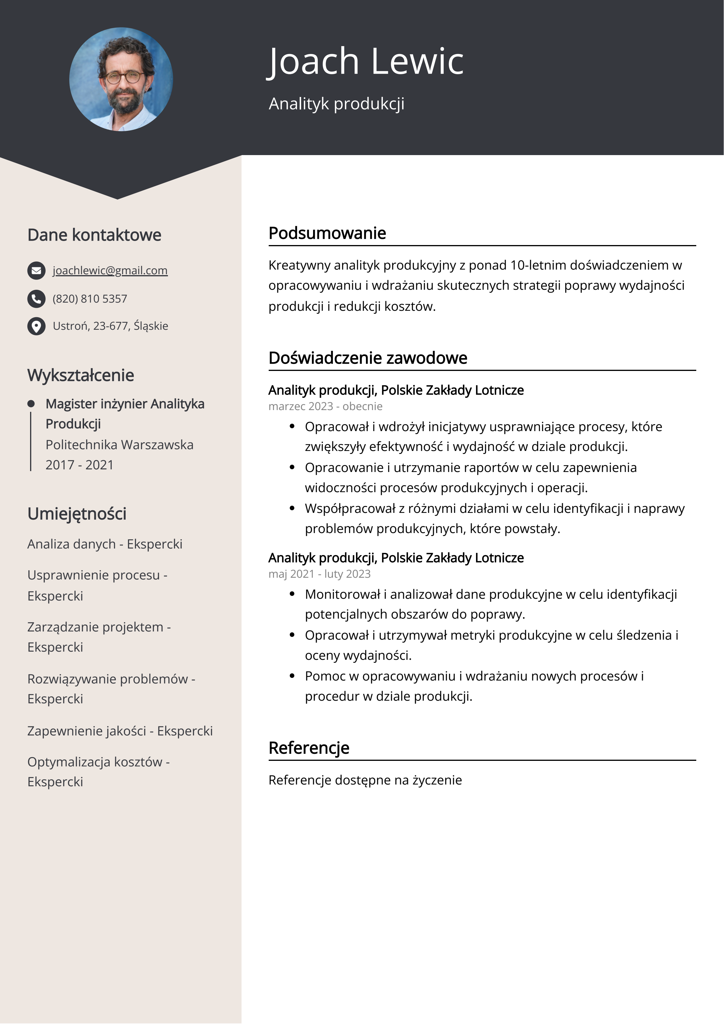 Analityk produkcji Przykład CV