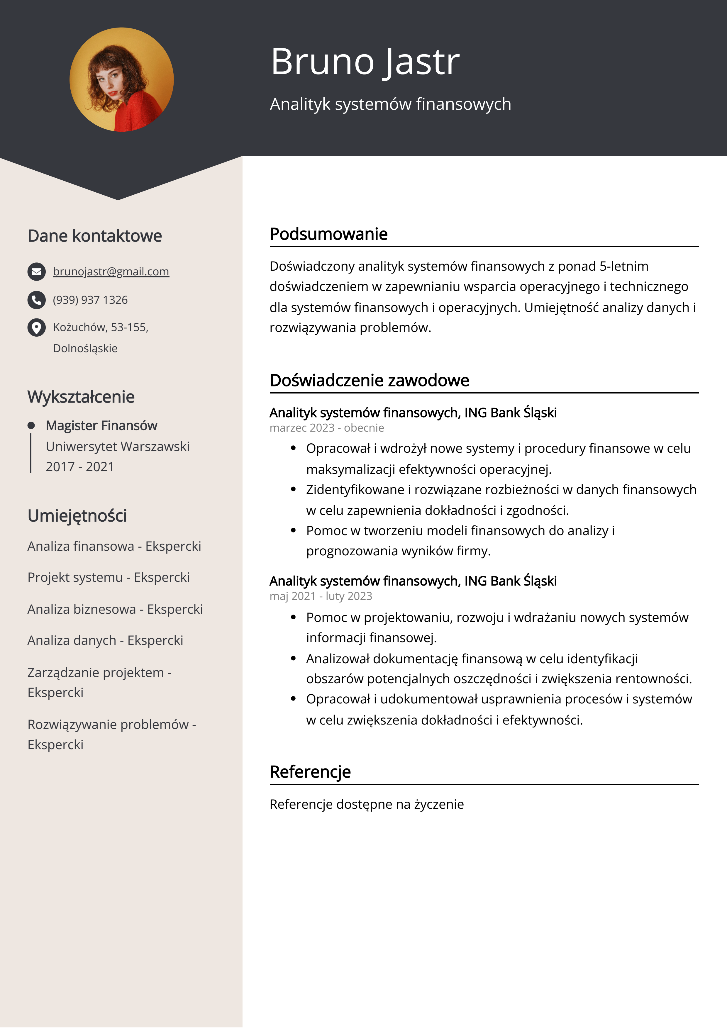 Analityk systemów finansowych - przykład CV