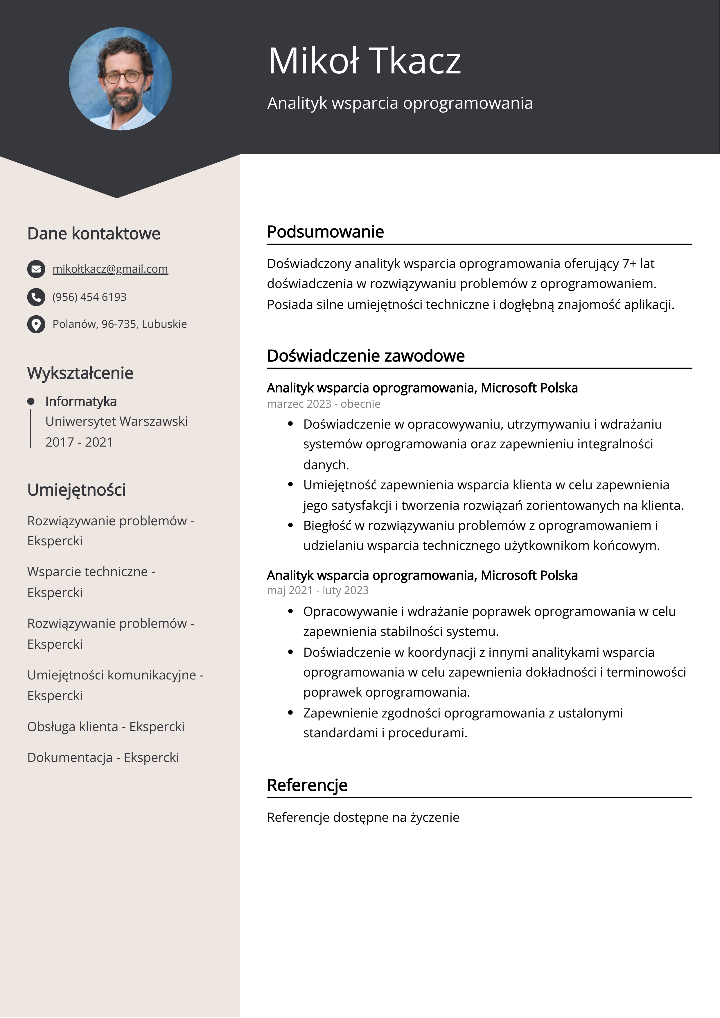 Analityk wsparcia oprogramowania Przykład CV