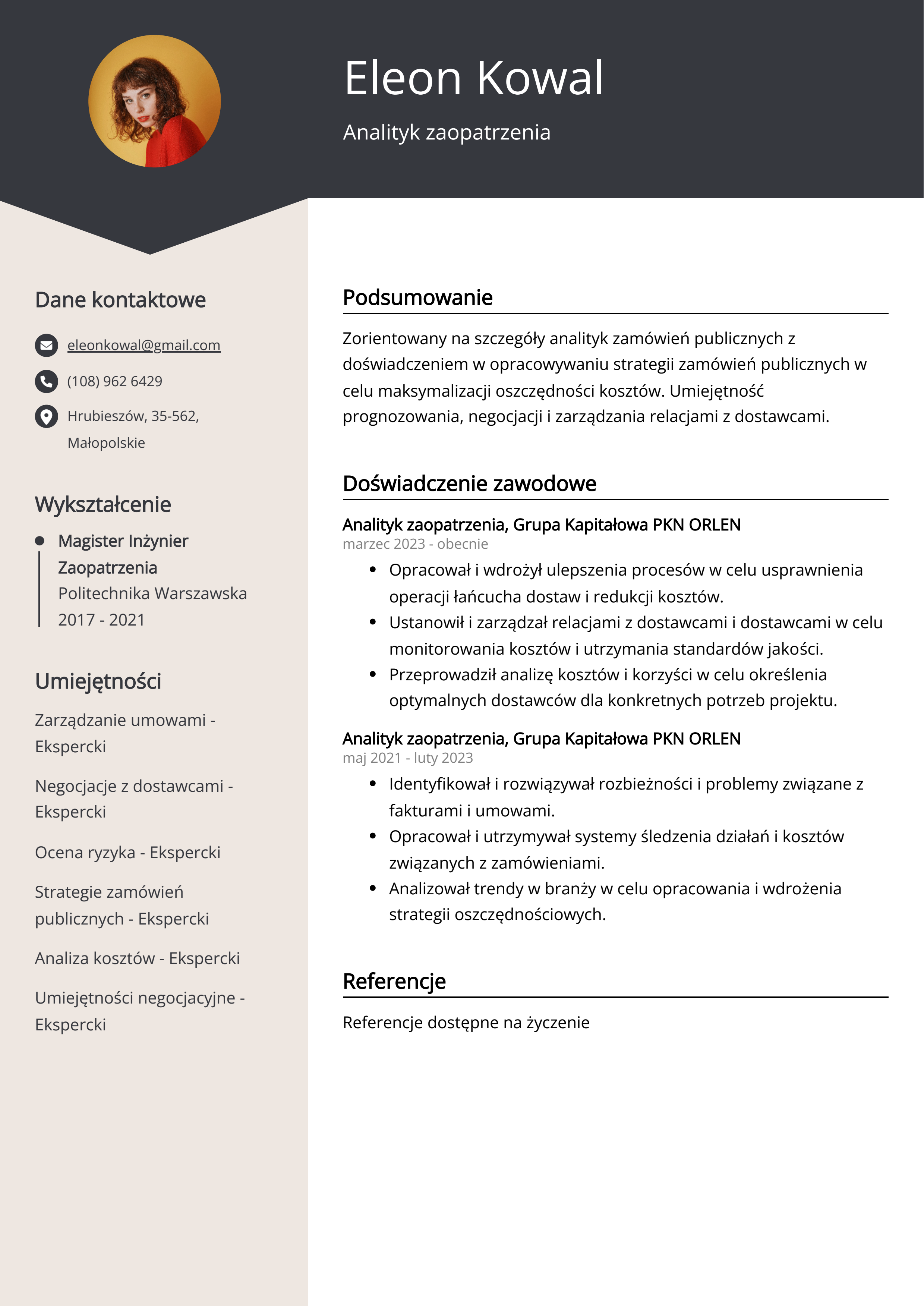 Analityk zaopatrzenia Przykład CV