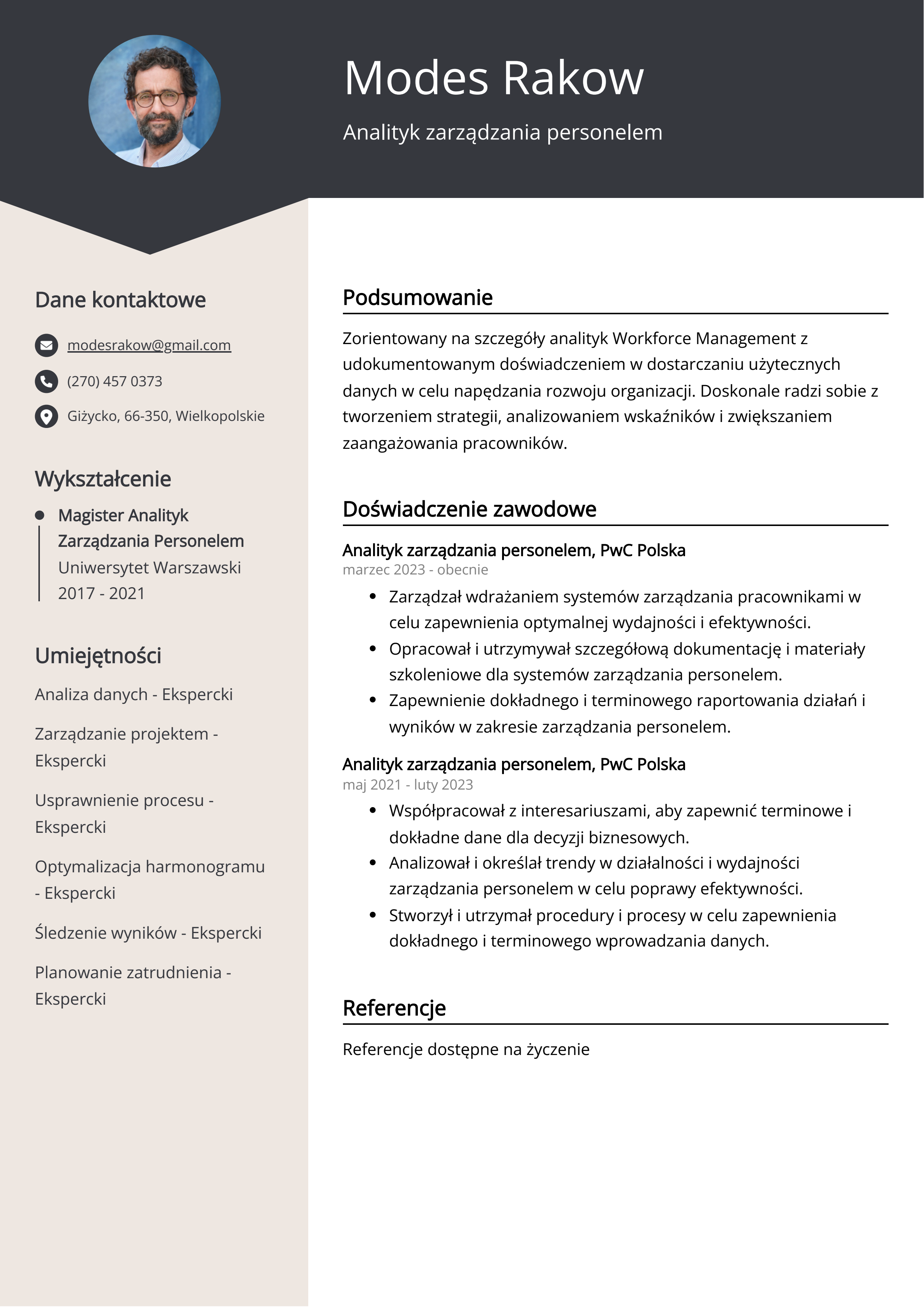 Analityk zarządzania personelem Przykład CV