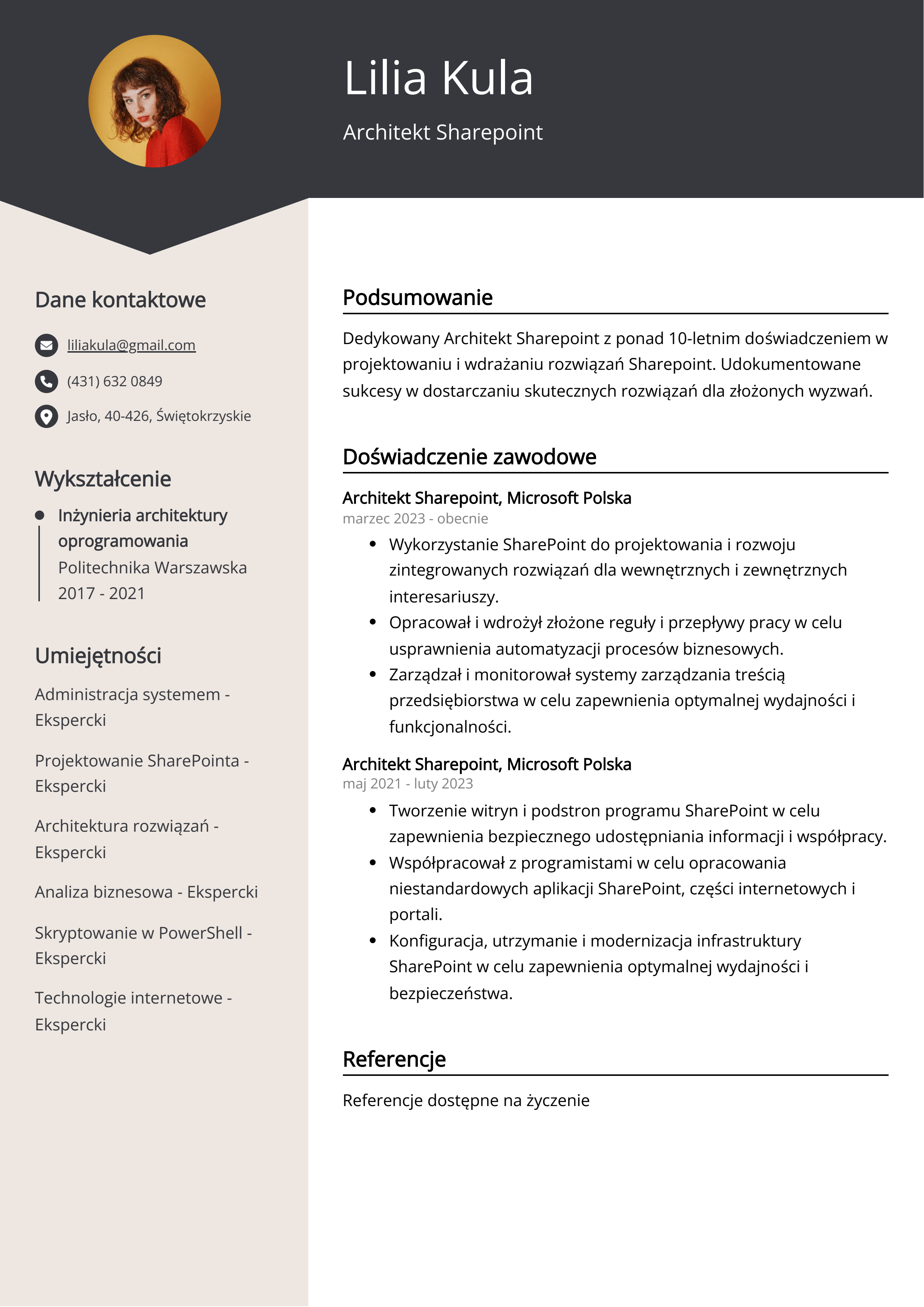 Architekt Sharepoint - przykład CV