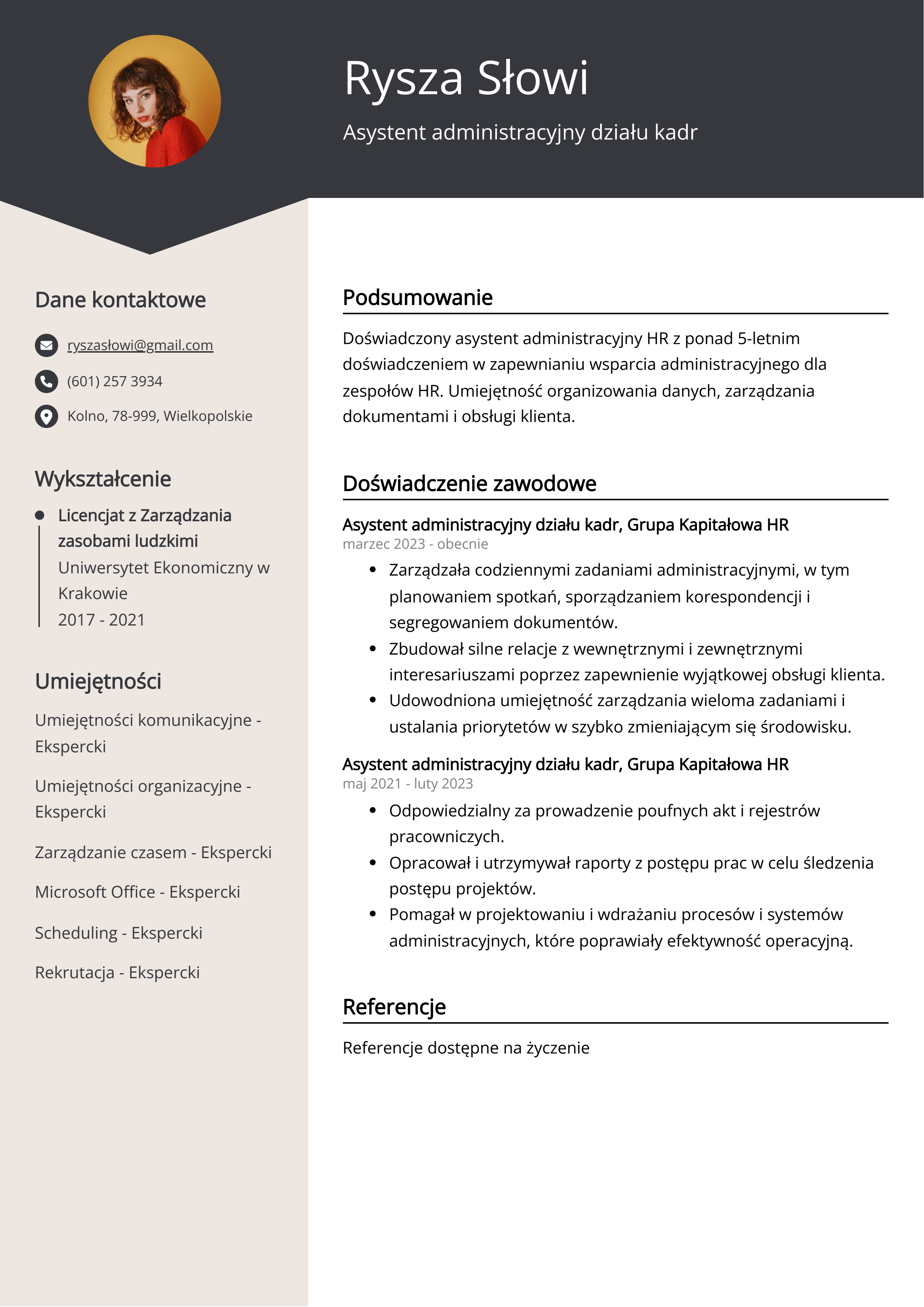 Asystent administracyjny działu kadr Przykład CV