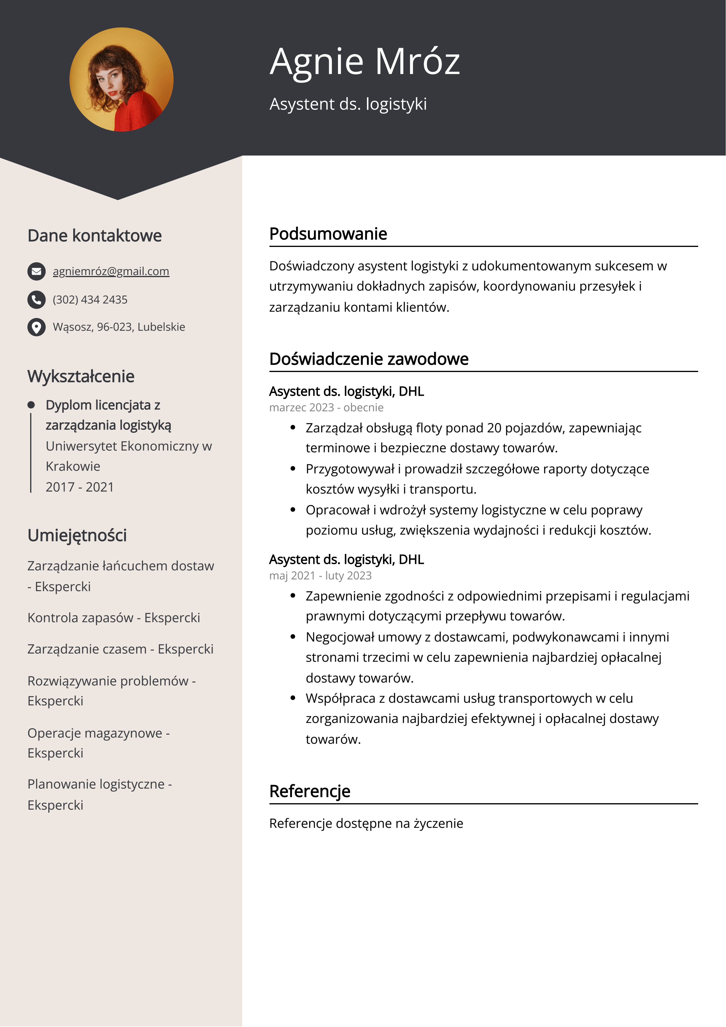 Asystent ds. logistyki Przykład CV