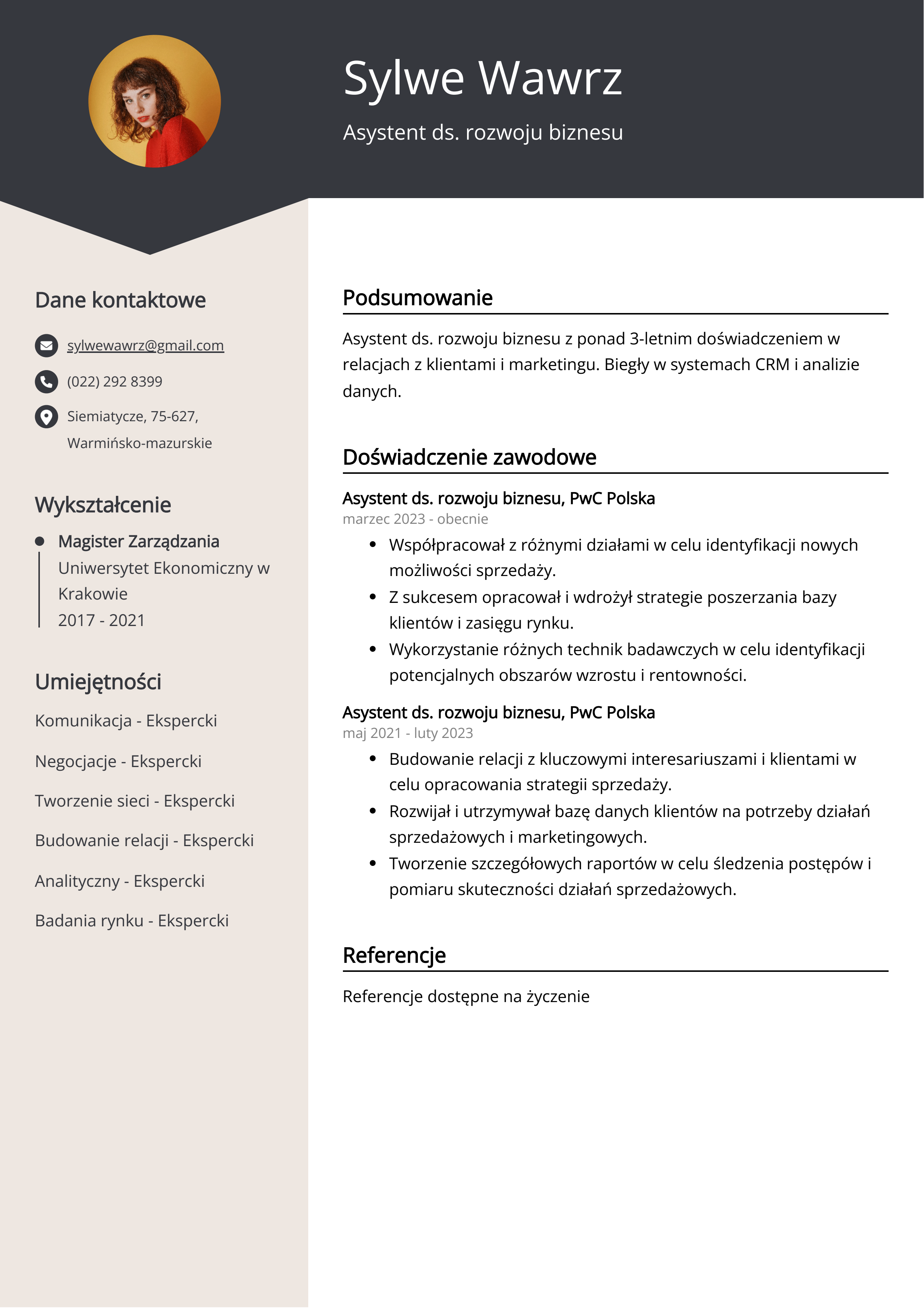 Asystent ds. rozwoju biznesu Przykład CV