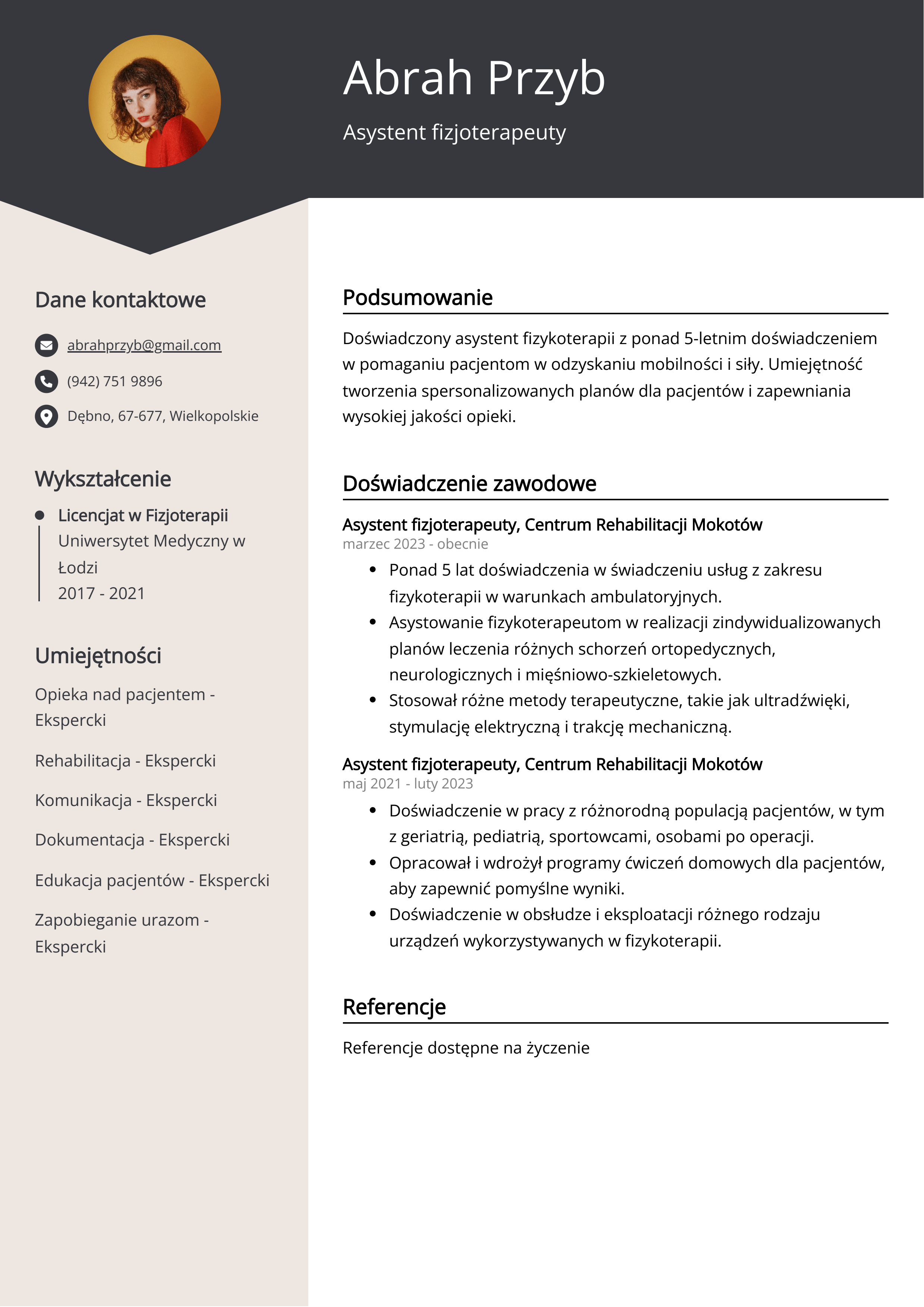 Asystent fizjoterapeuty Przykład CV