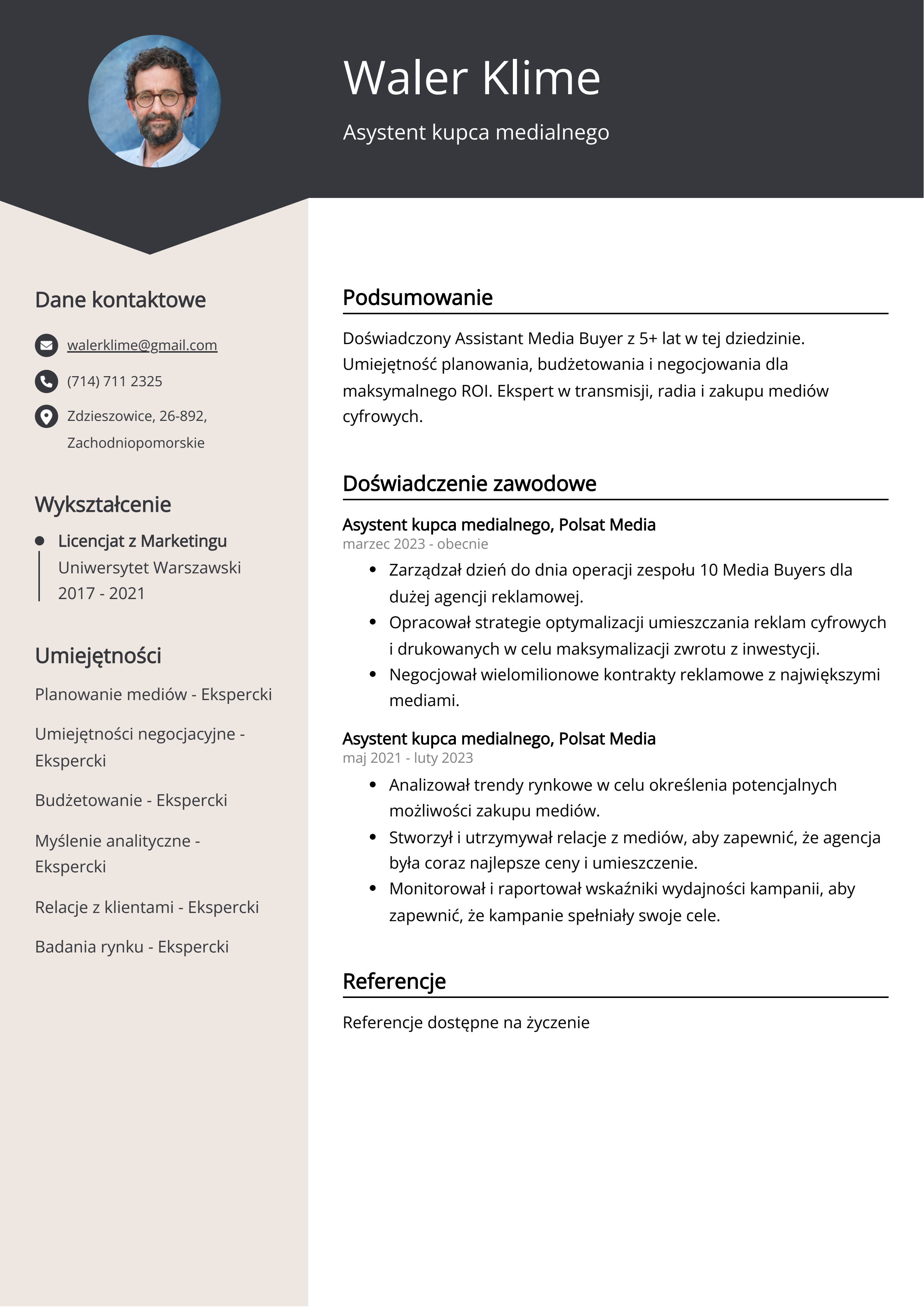 Asystent kupca medialnego Przykład CV