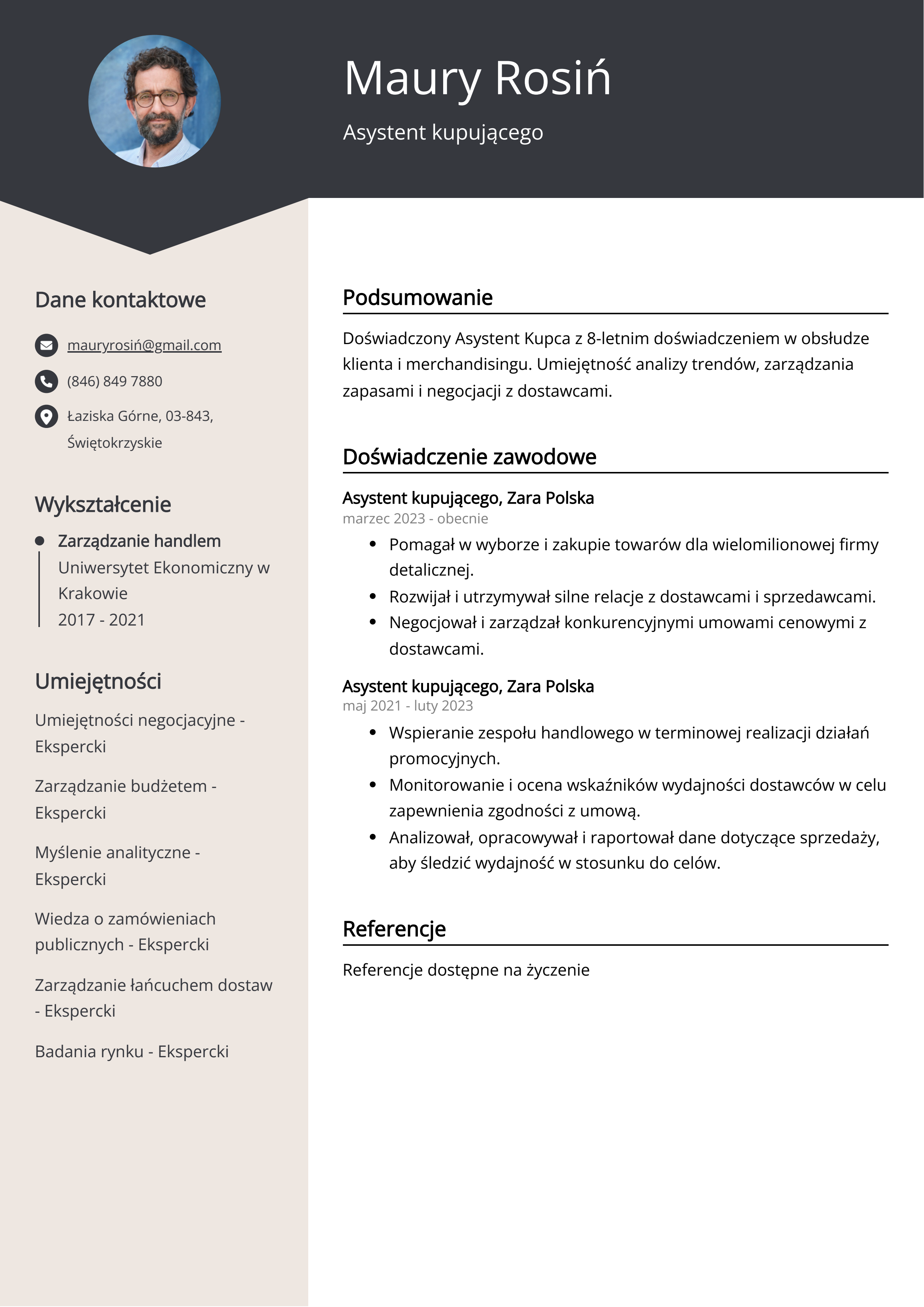 Asystent kupującego Przykład CV