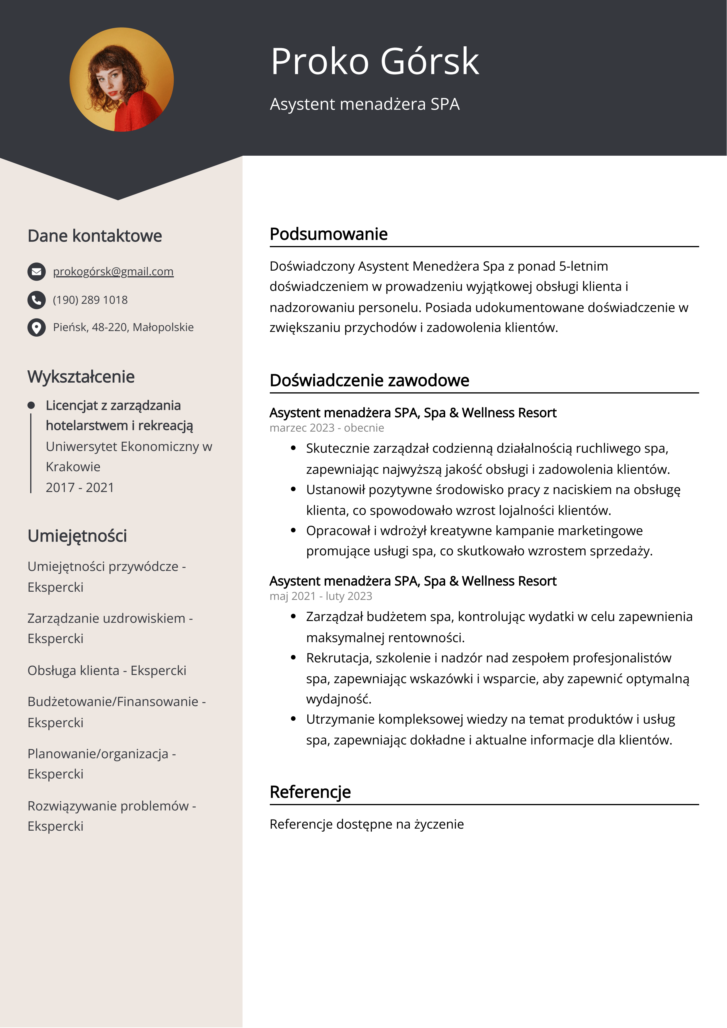 Asystent menadżera SPA Przykład CV