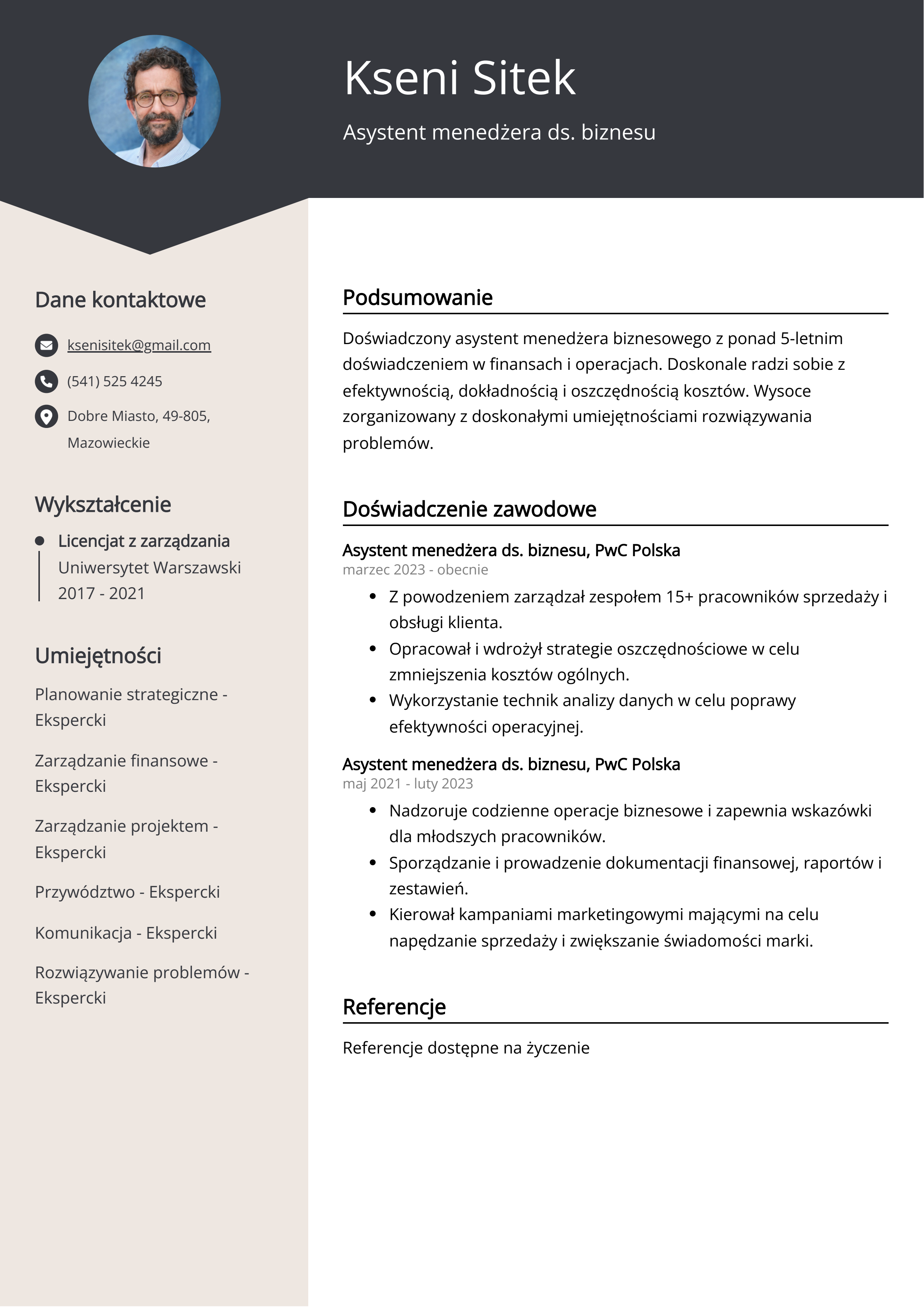 Asystent menedżera ds. biznesu Przykład CV