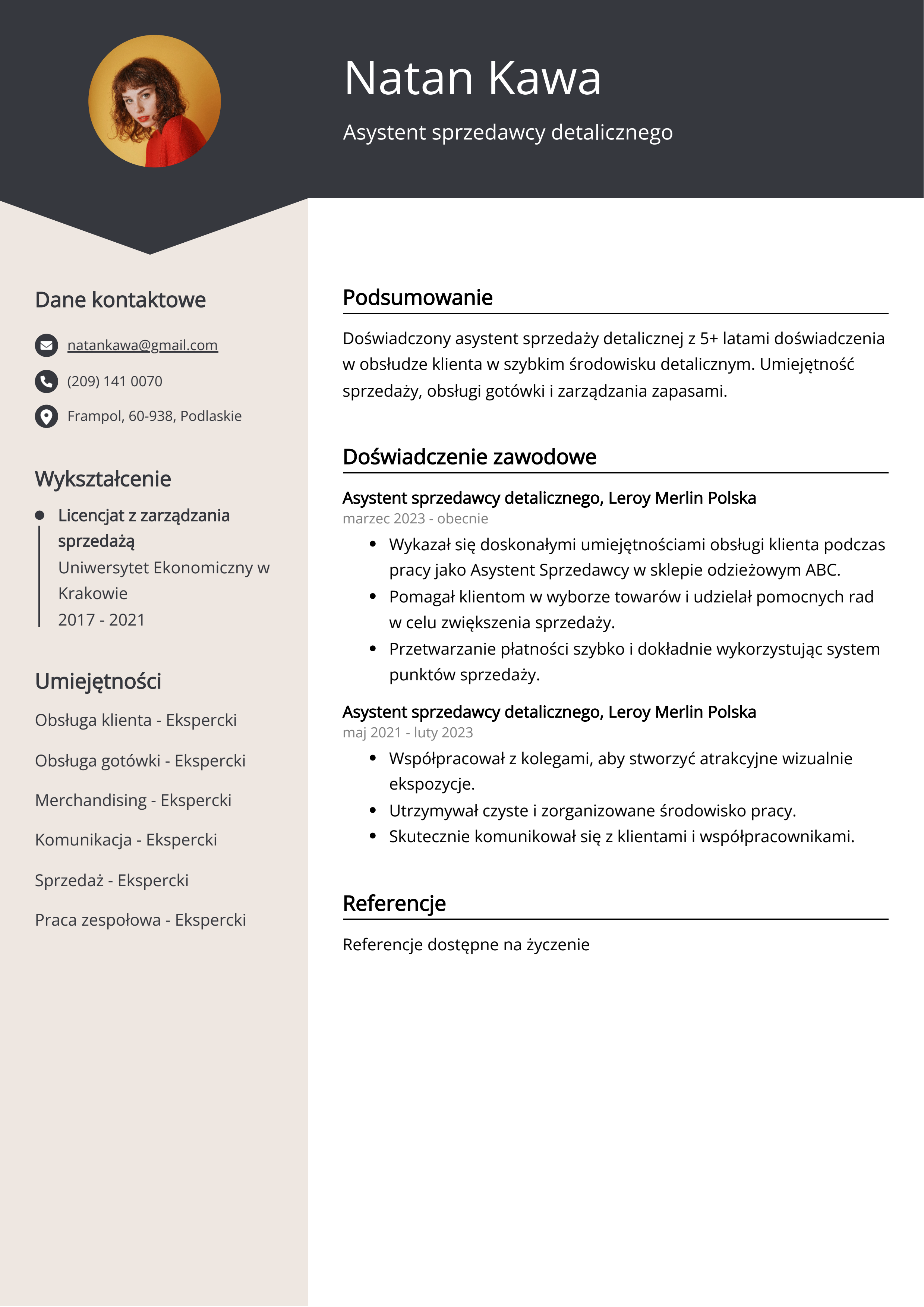 Asystent sprzedawcy detalicznego Przykład CV