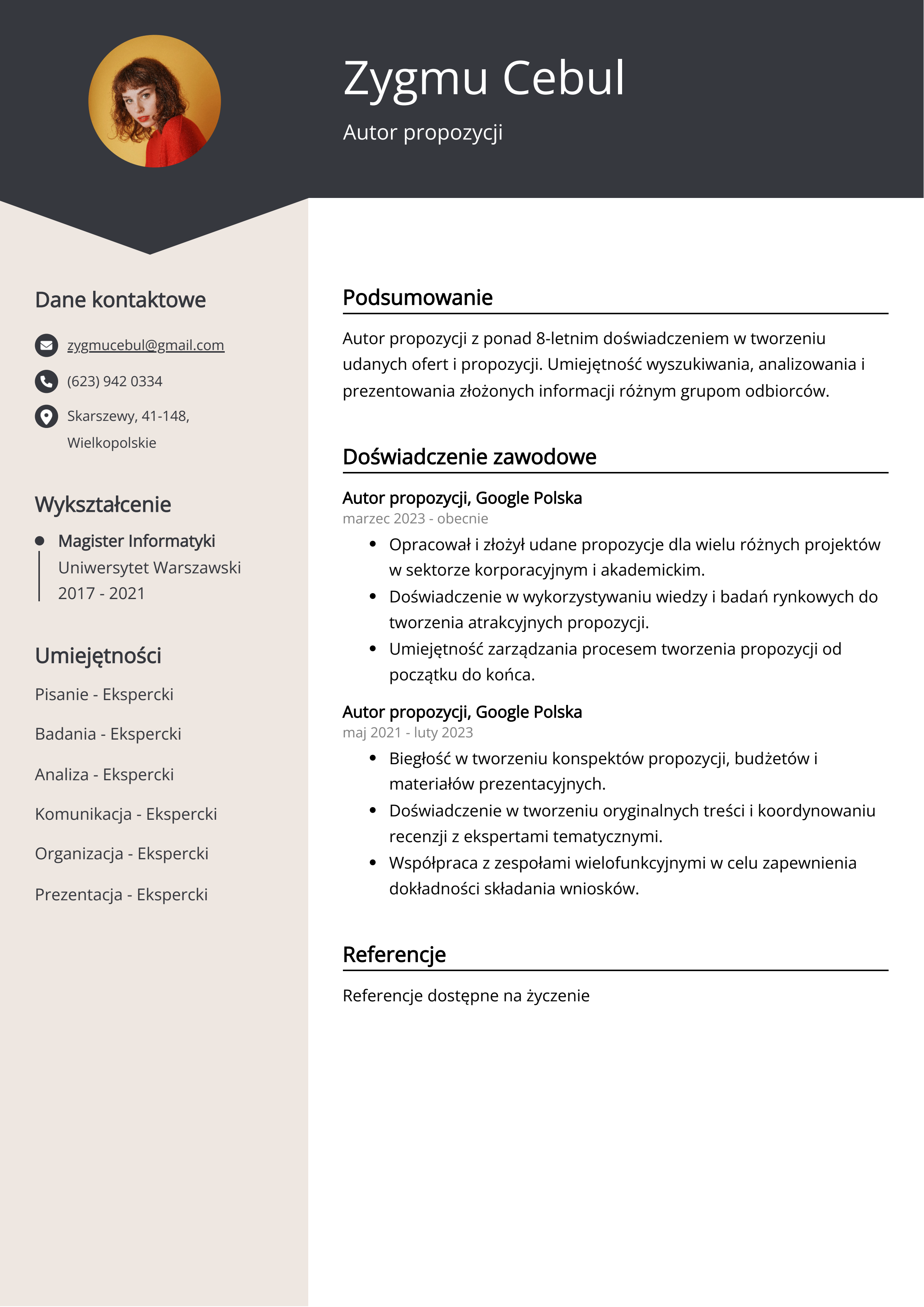 Autor propozycji Przykład CV