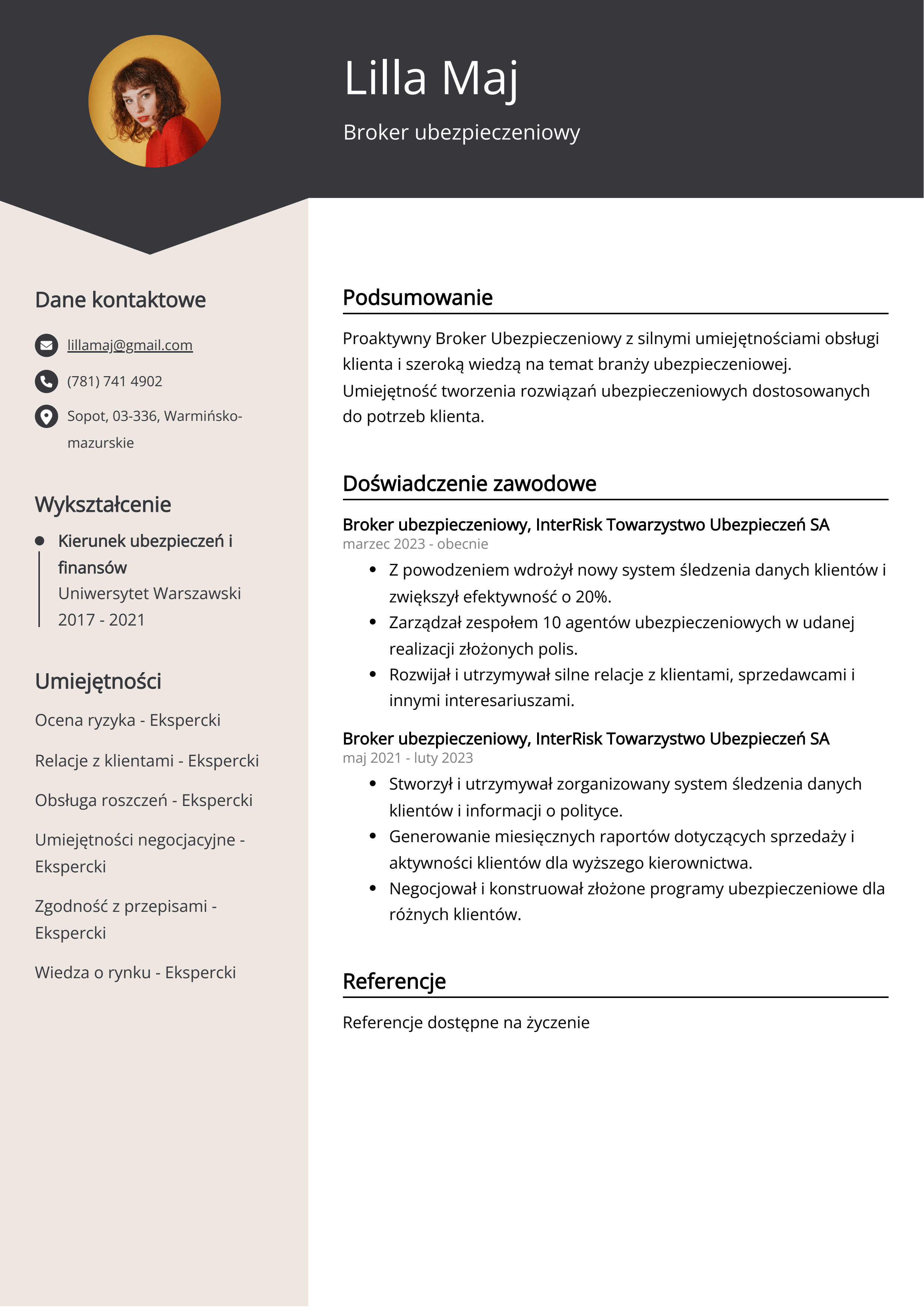 Broker ubezpieczeniowy Przykład CV