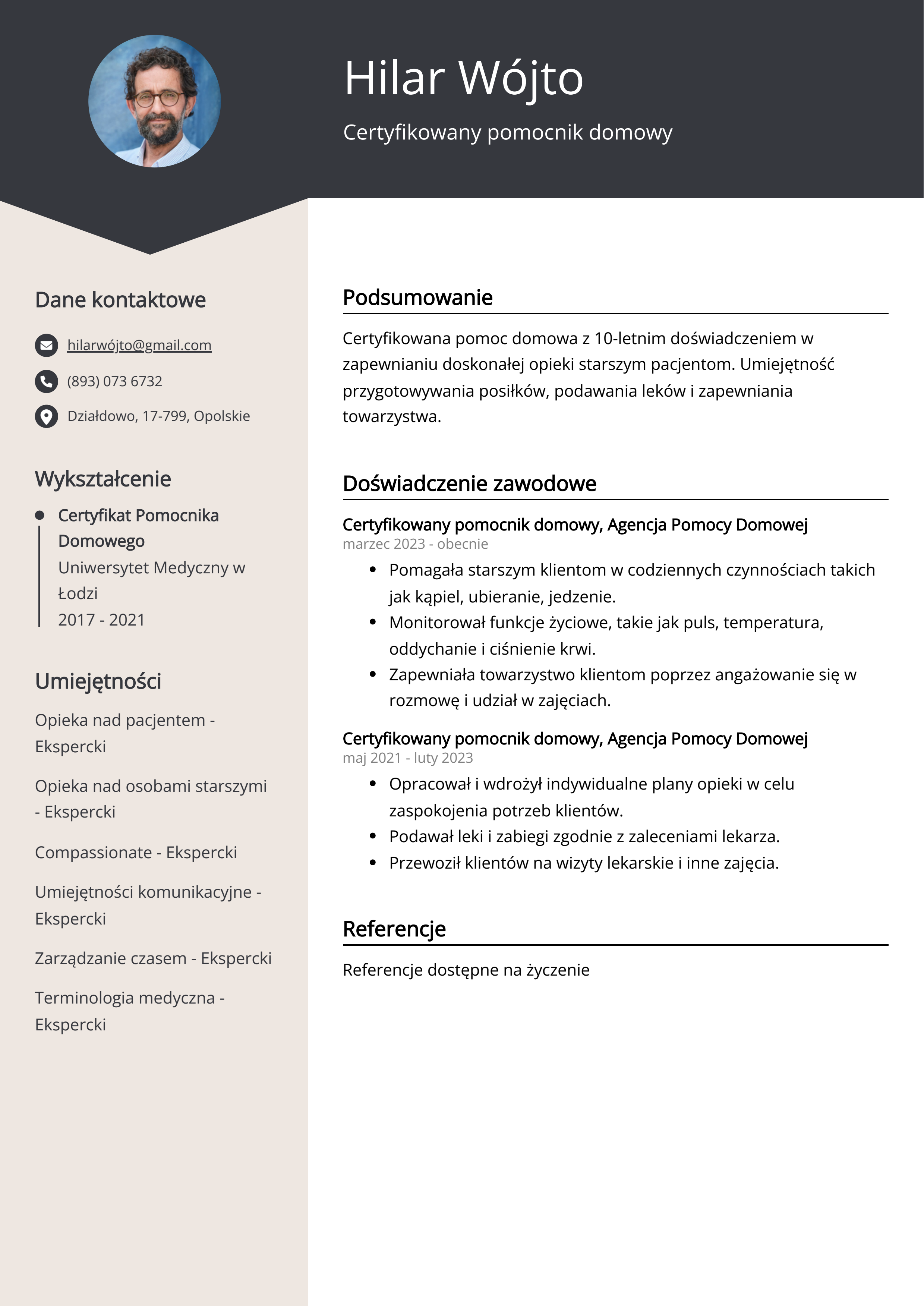 Certyfikowany pomocnik domowy Przykład CV