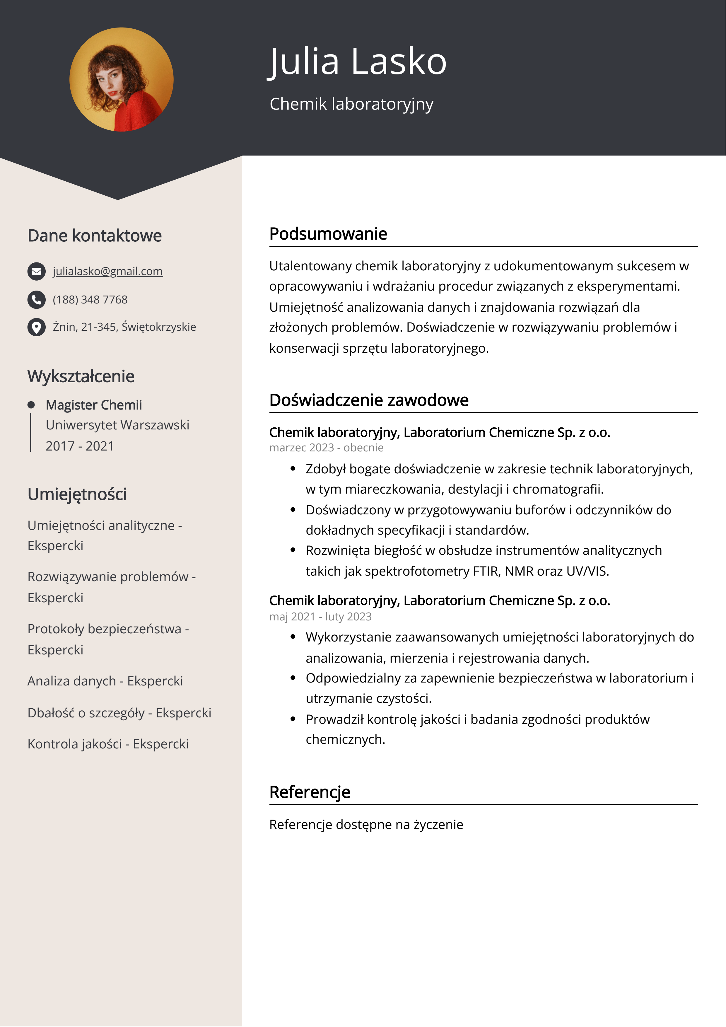 Chemik laboratoryjny Przykład CV