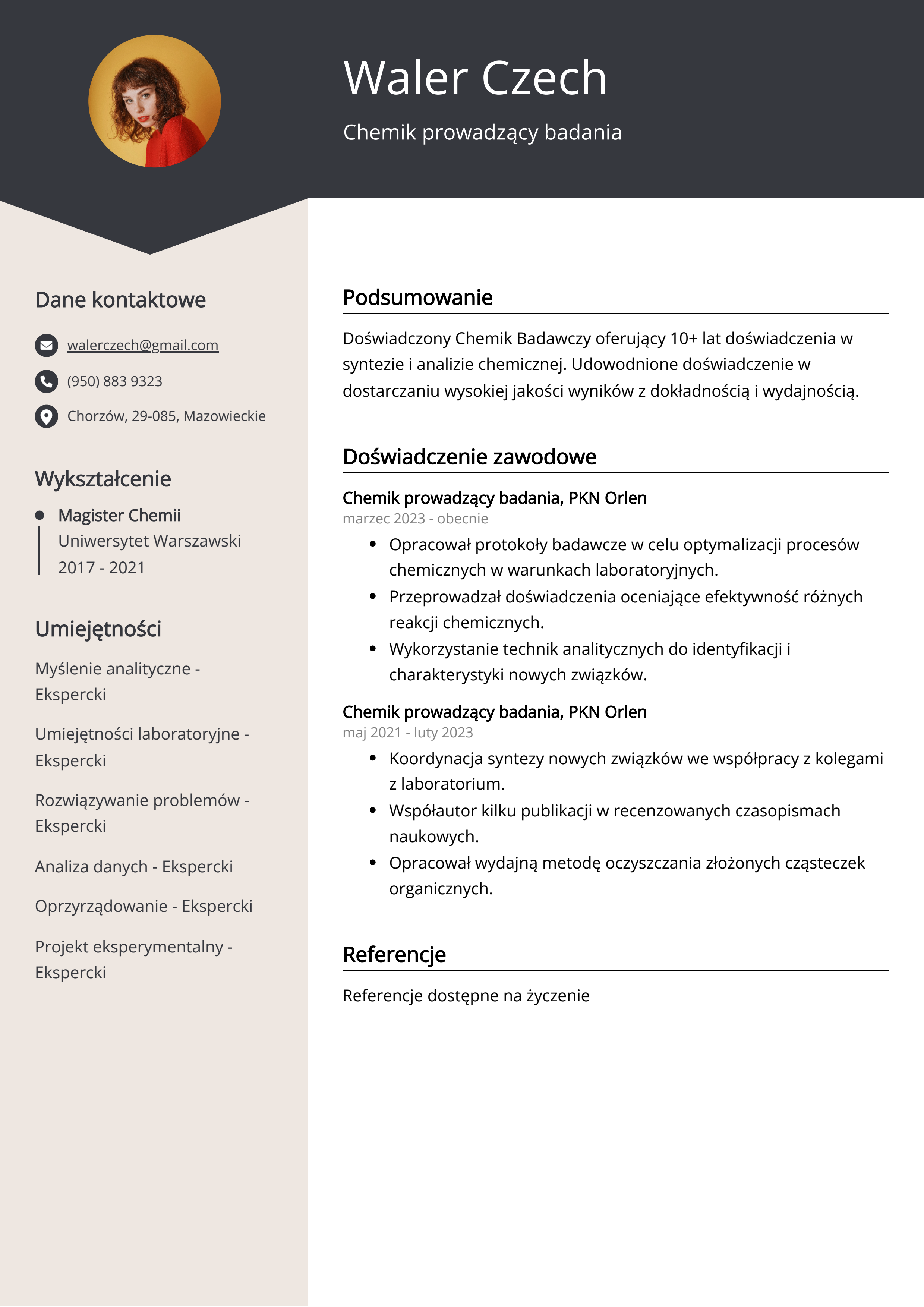 Chemik prowadzący badania Przykład CV