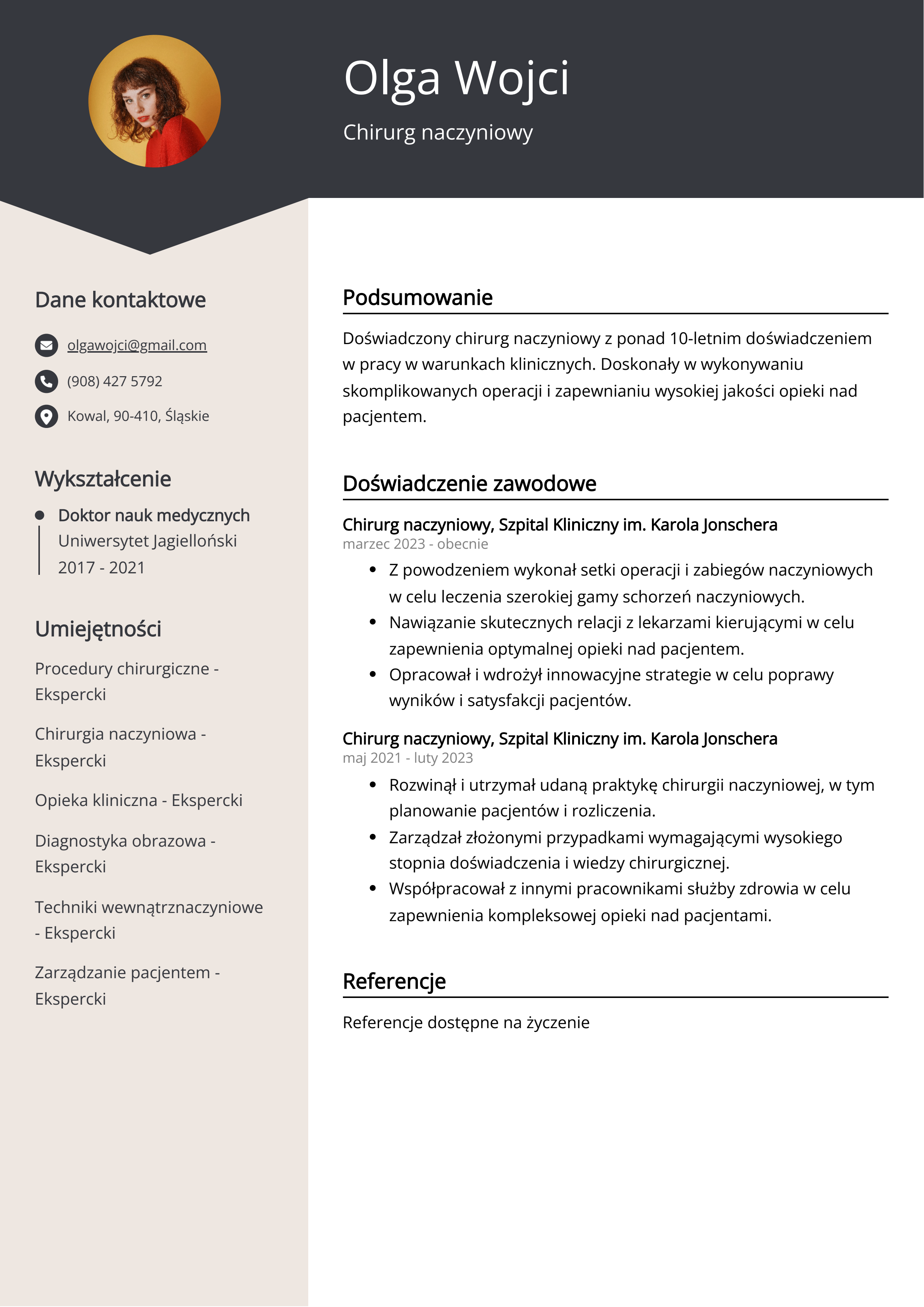 Chirurg naczyniowy Przykład CV