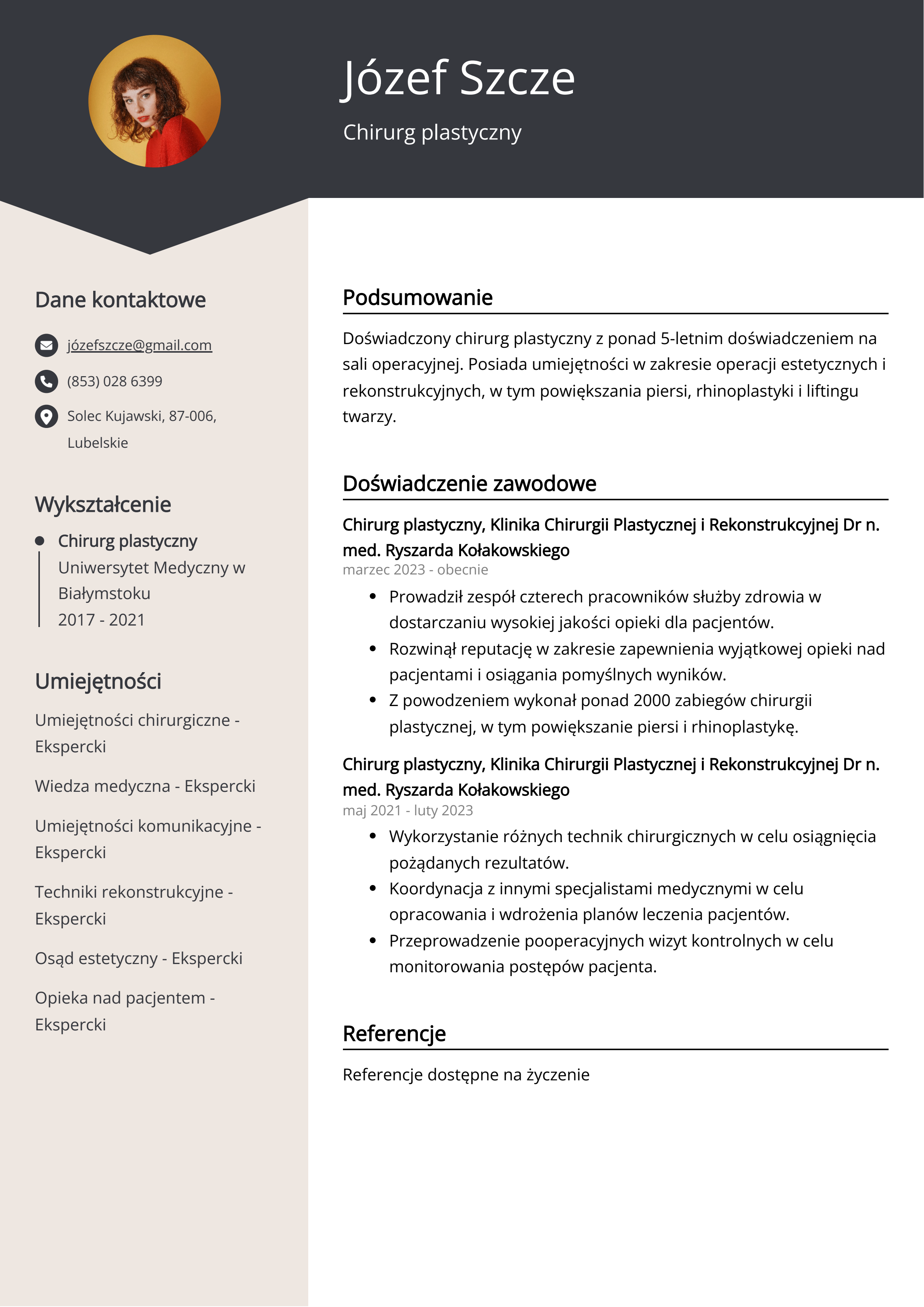 Chirurg plastyczny - przykład CV