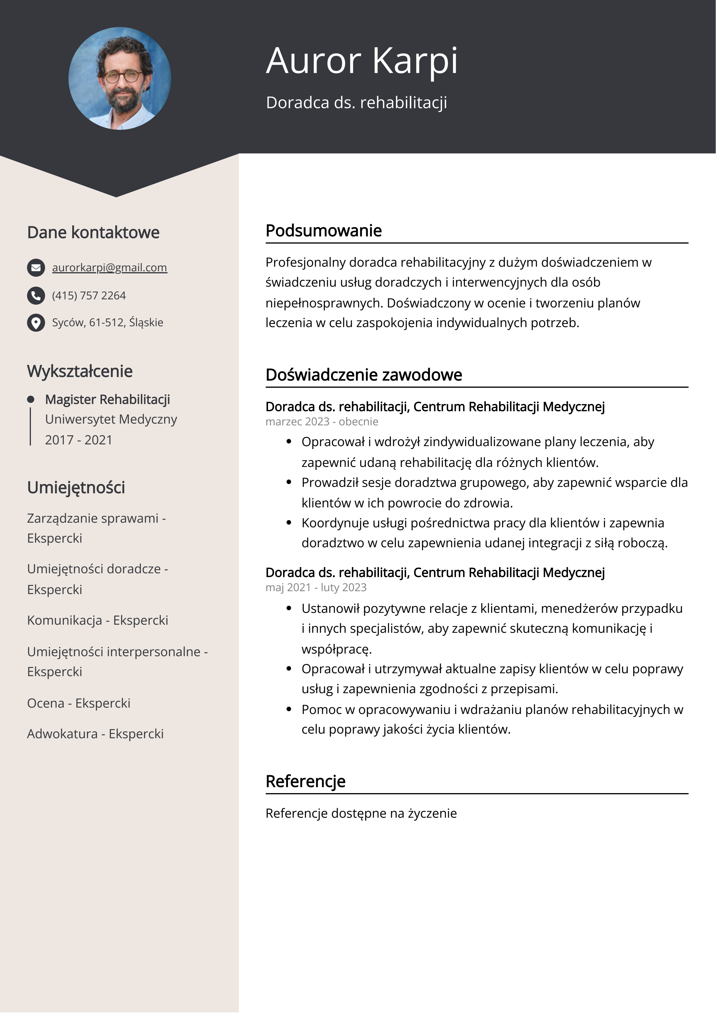 Doradca ds. rehabilitacji Przykład CV