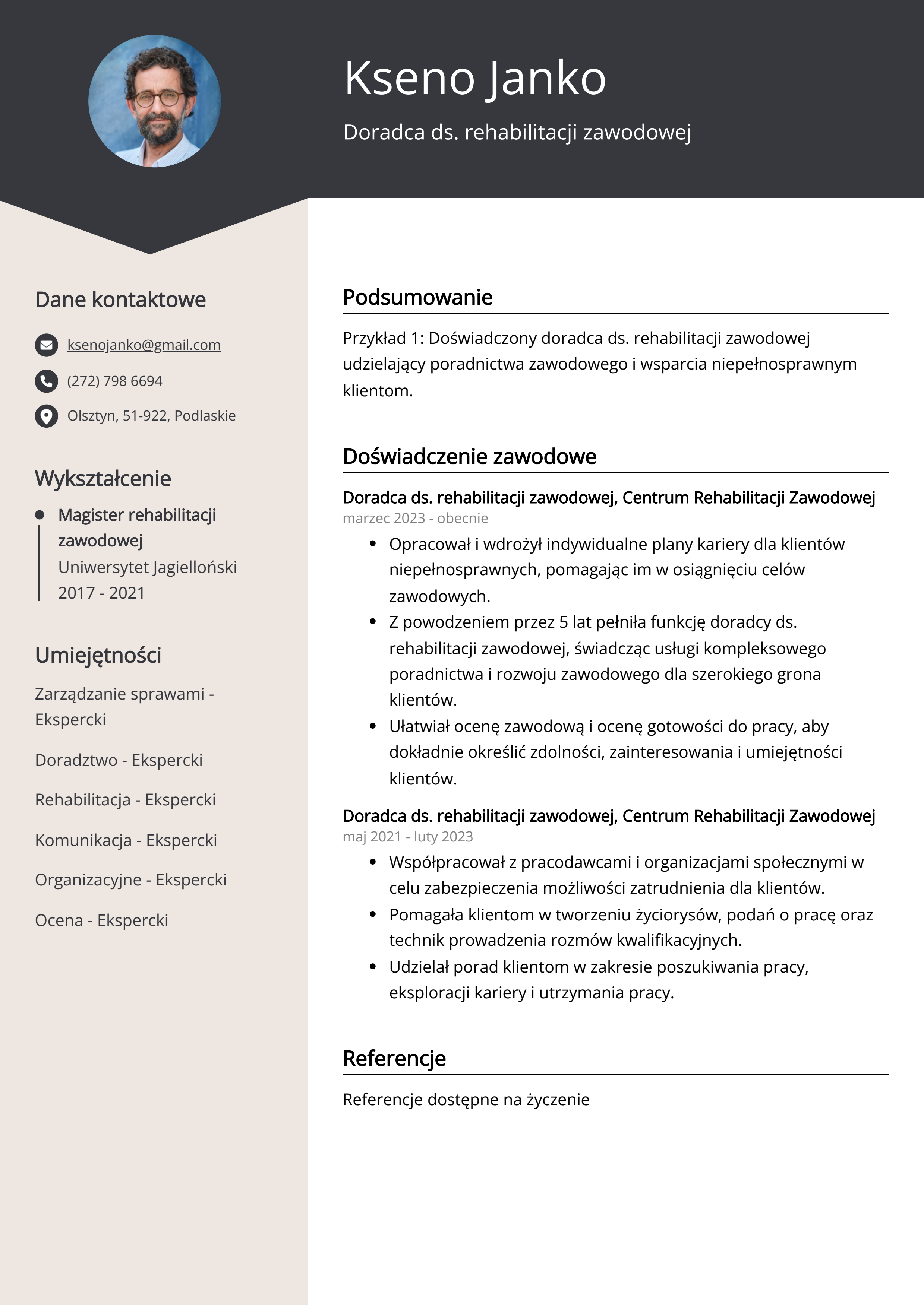 Doradca ds. rehabilitacji zawodowej Przykład CV