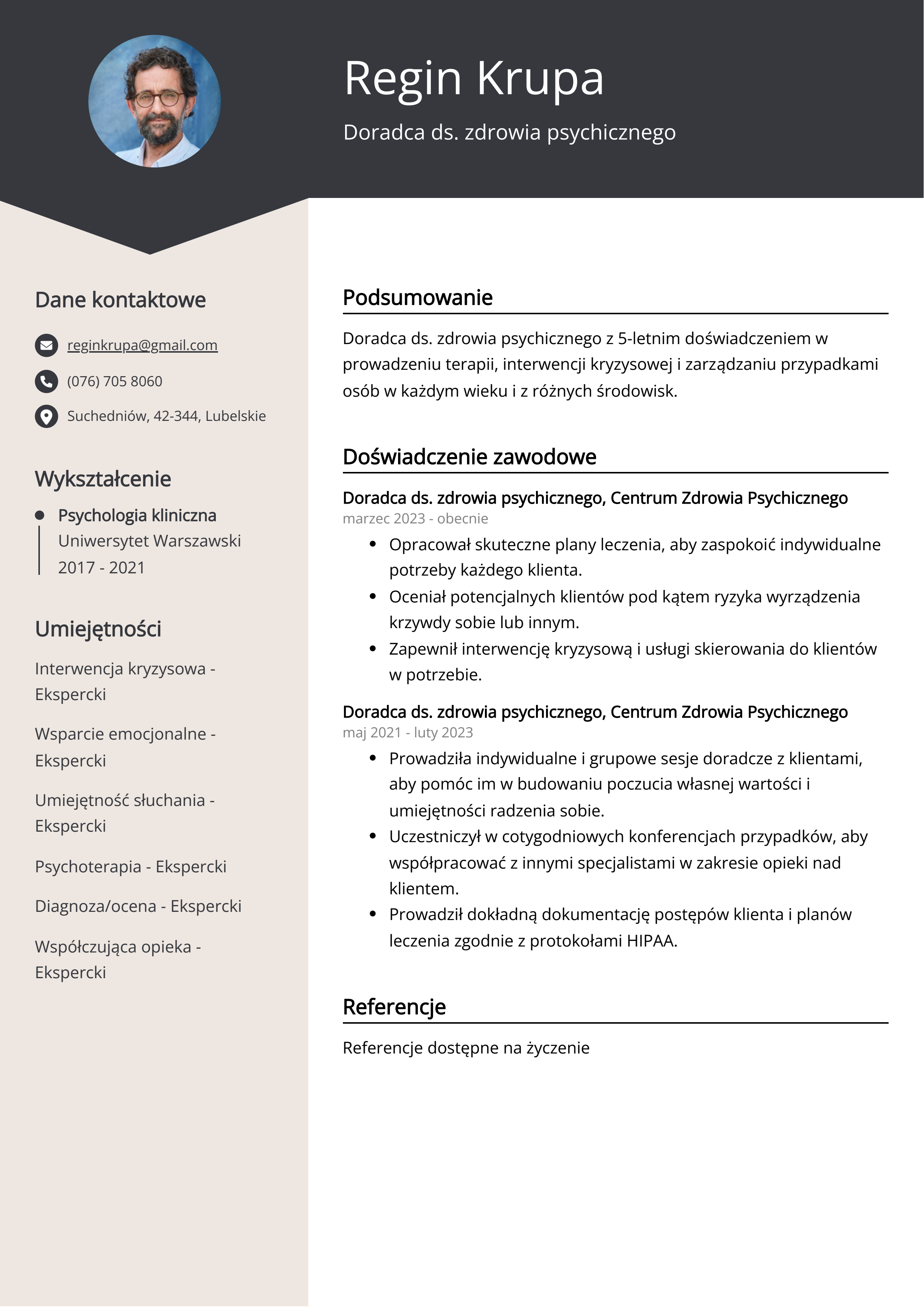 Doradca ds. zdrowia psychicznego Przykład CV