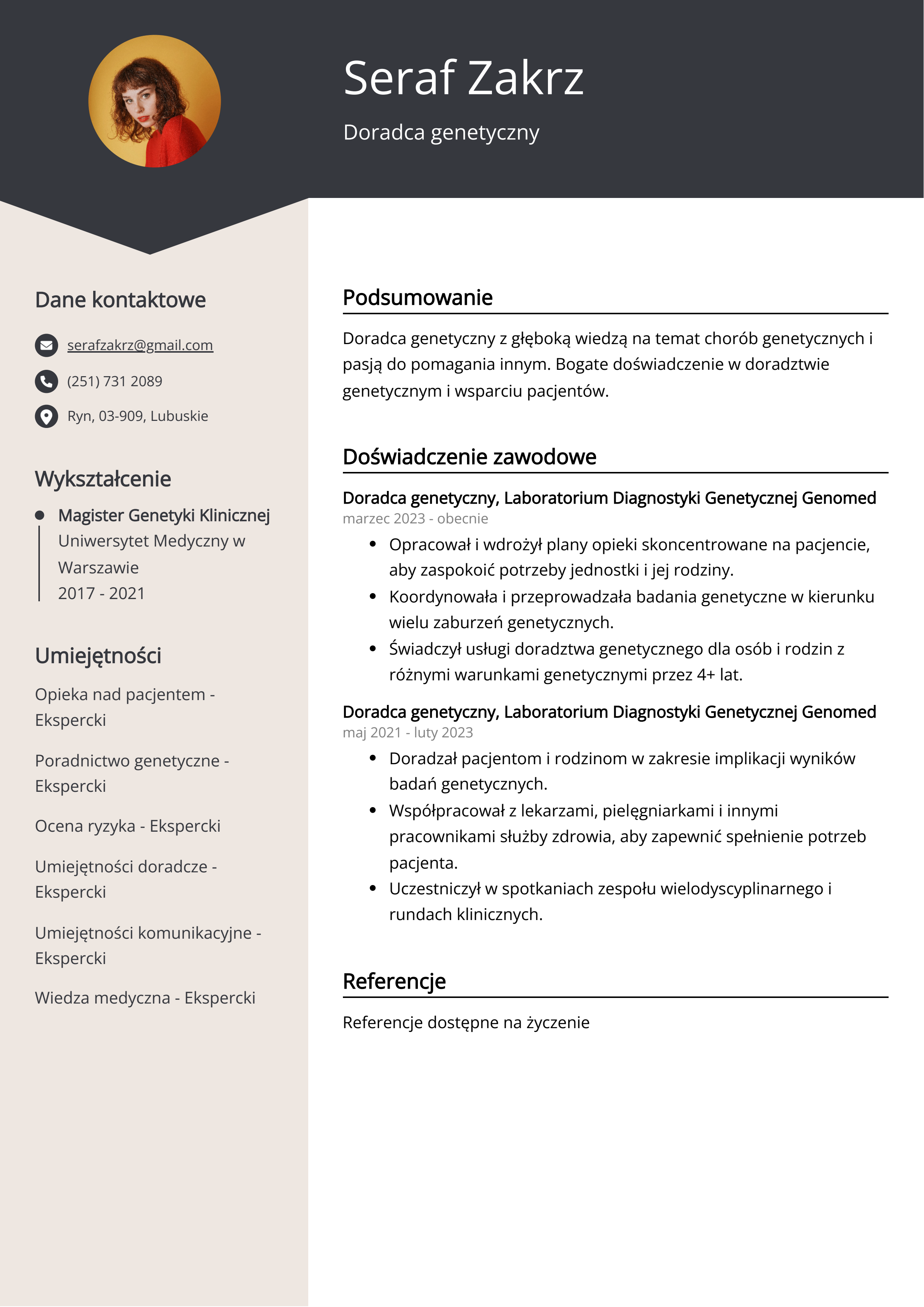 Przykład CV doradcy genetycznego