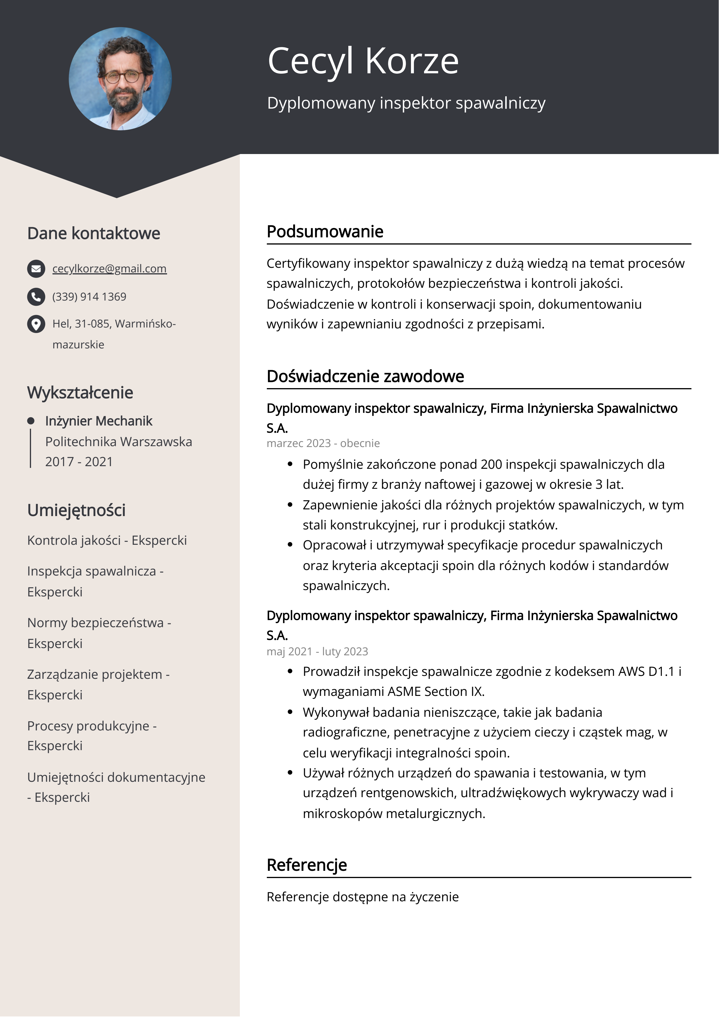 Dyplomowany inspektor spawalniczy Przykład CV