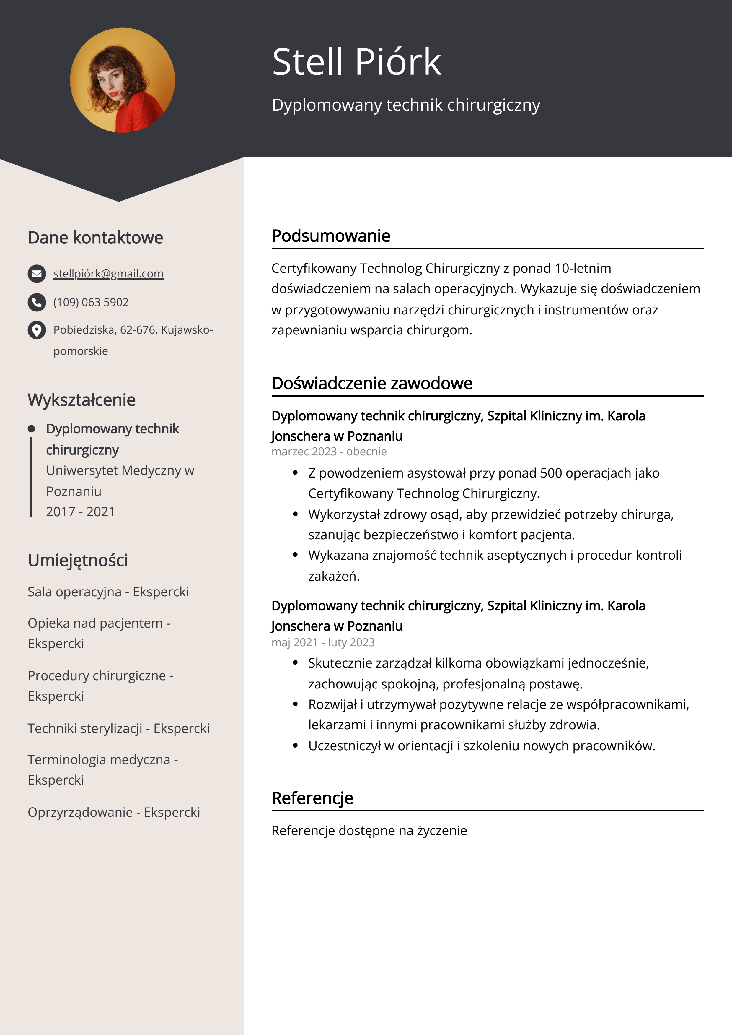 Dyplomowany technik chirurgiczny Przykład CV