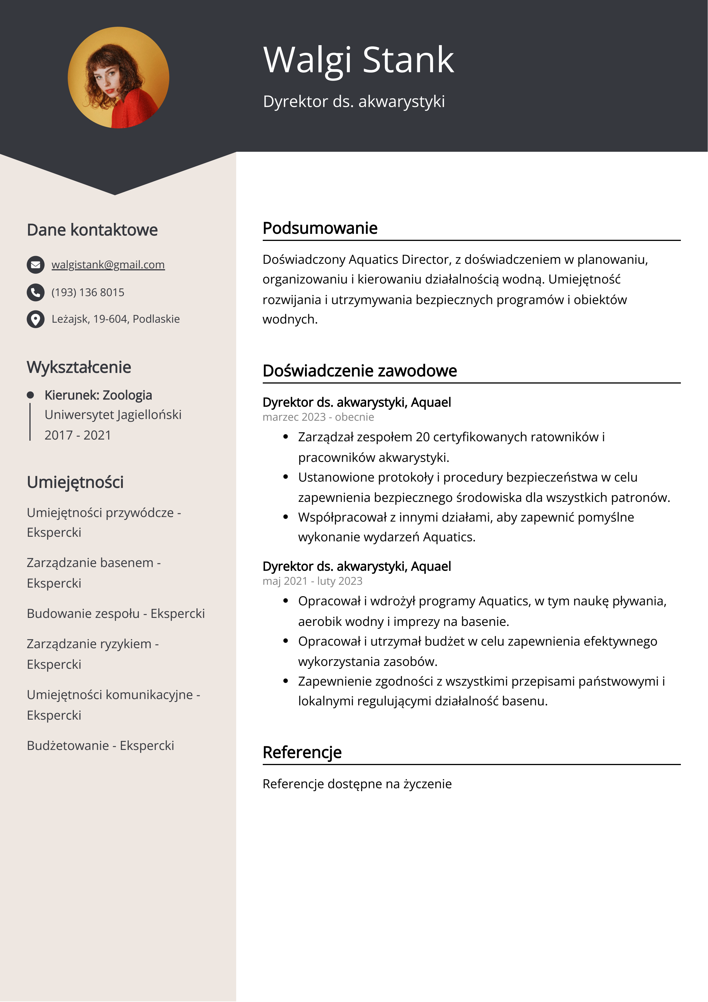 Dyrektor ds. akwarystyki Przykład CV