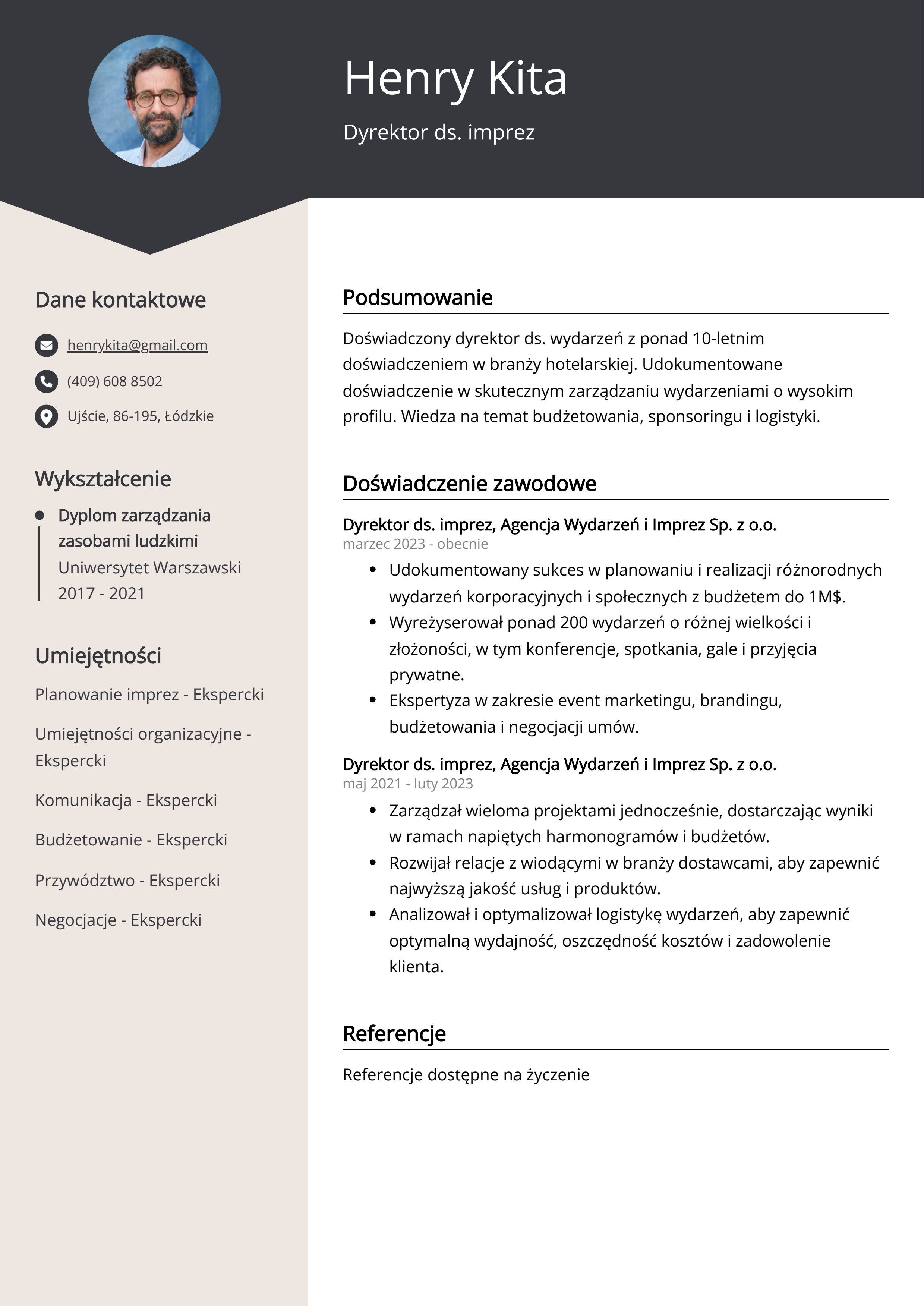 Dyrektor ds. imprez Przykład CV